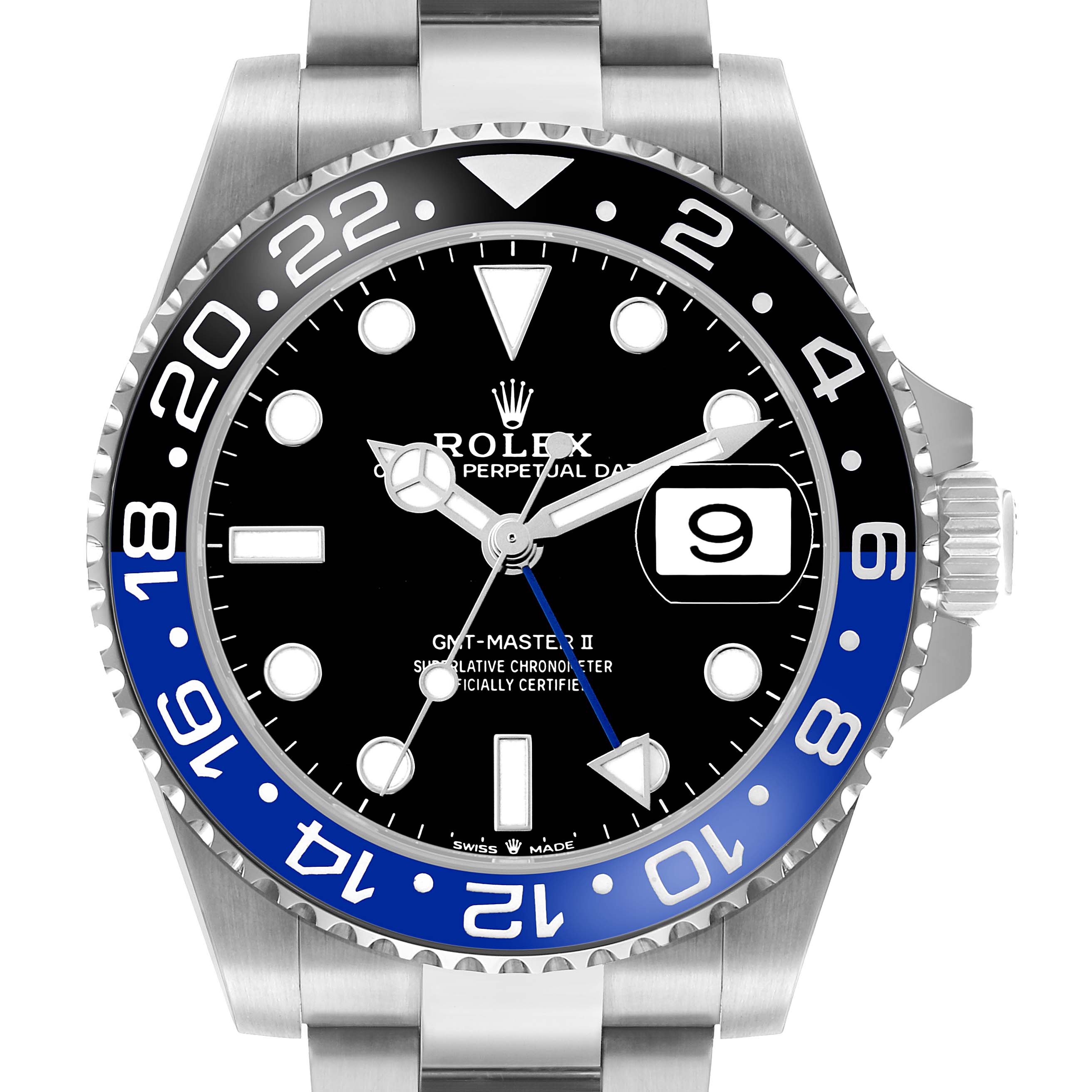 The Rolex GMT-Master 126710BLNR Men's Stainless Steel Black Dial watch is shown from the front, highlighting the bezel, dial, hands, and part of the bracelet.