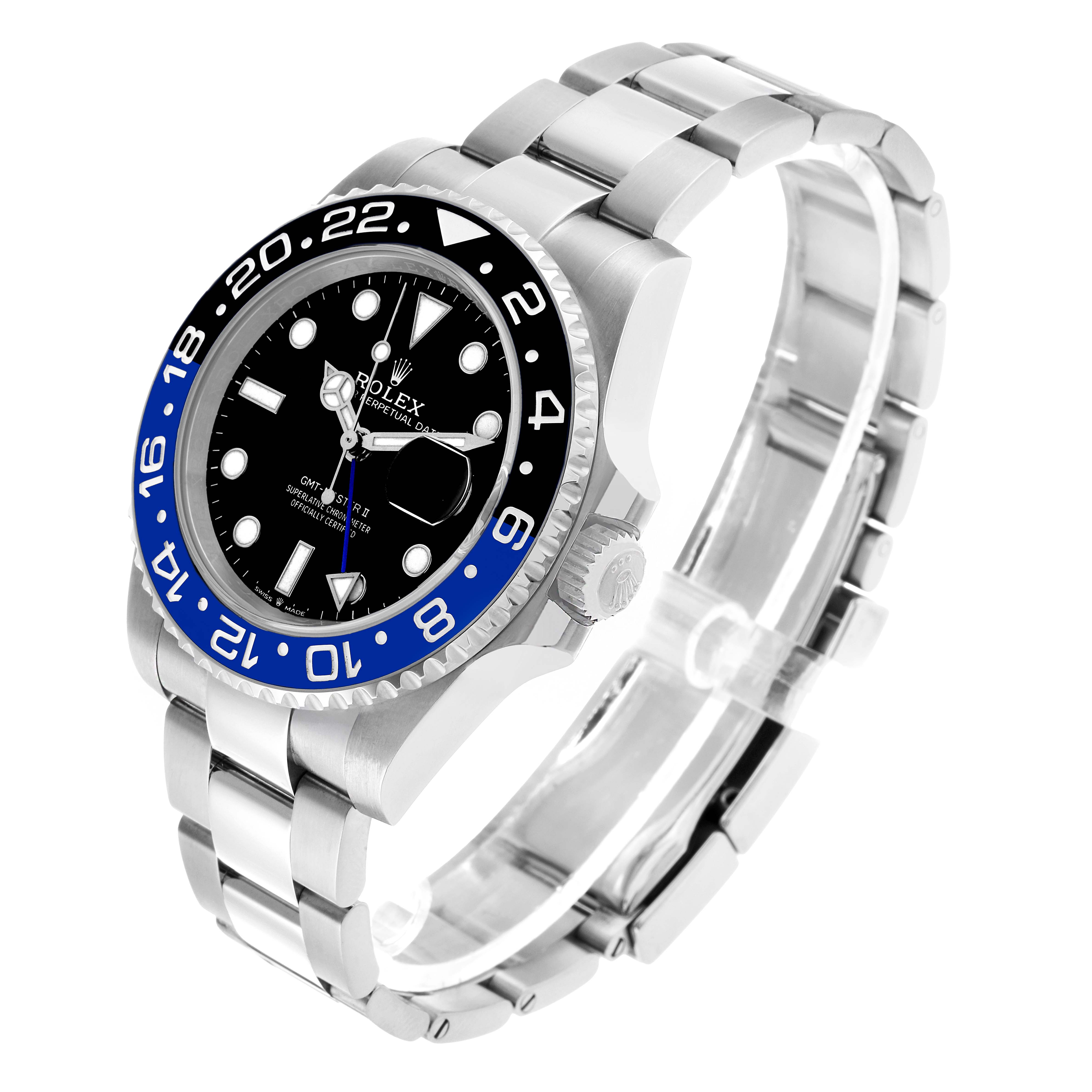 The Rolex GMT-Master 126710BLNR Men's Stainless Steel Black Dial model is shown at a three-quarter angle, displaying the face, bezel, crown, and part of the bracelet.
