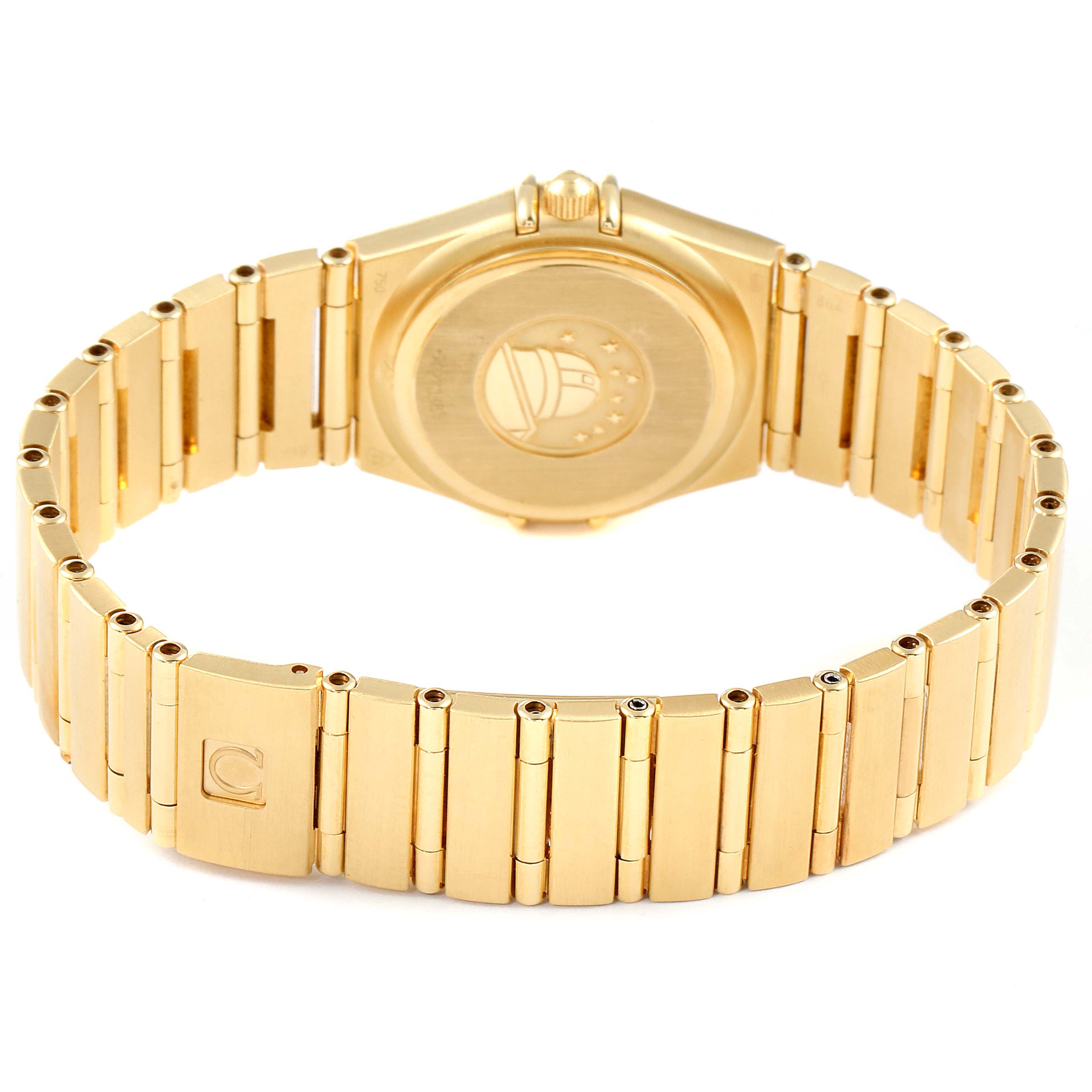 The image shows the back view and bracelet of the Omega 1177.79.00 Women's White Gold Mother of Pearl Dial 1177.79.00 Women's White Gold Mother of Pearl Dial Constellation Iris Yellow Gold Multi Stone Watch 1177.79.00.