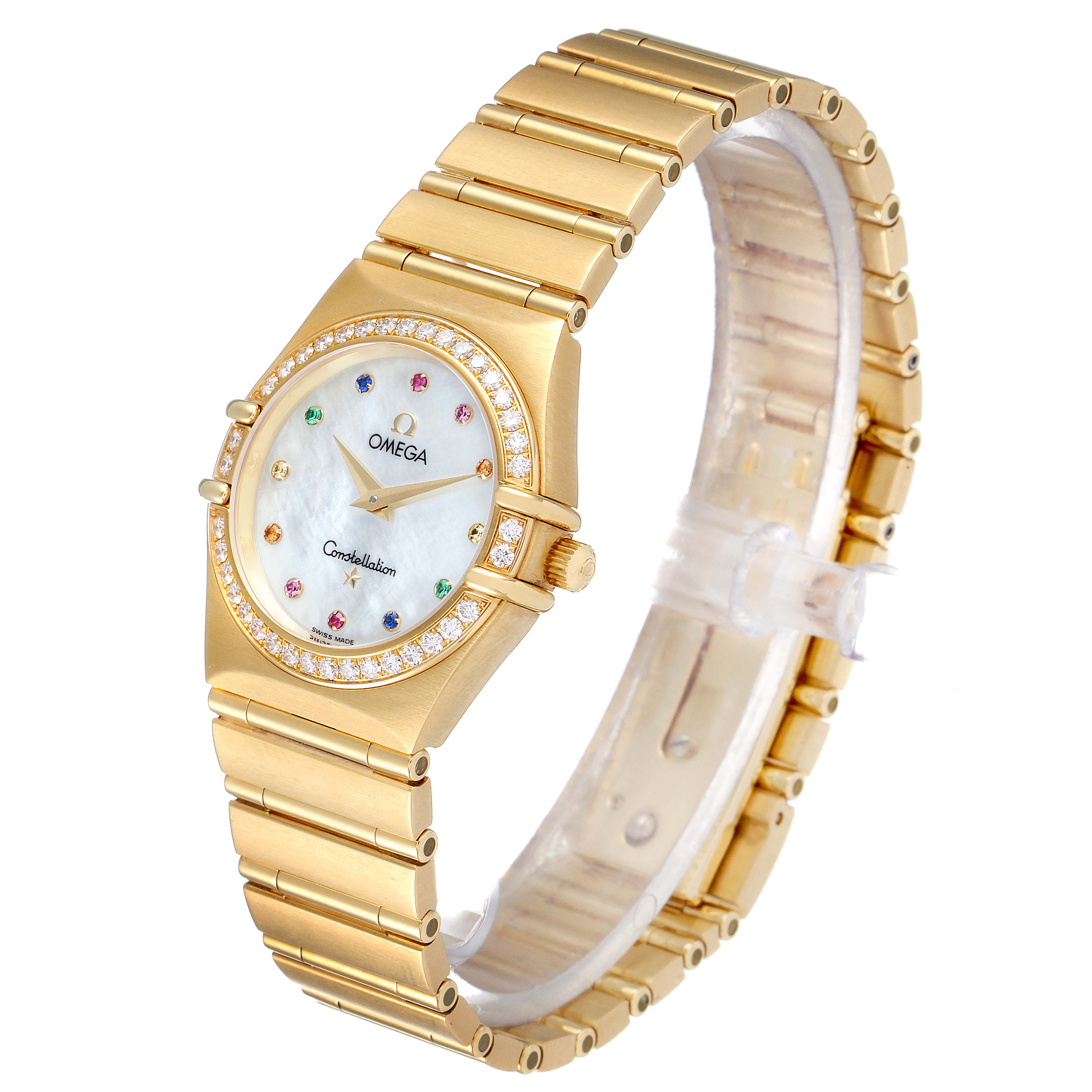 The image shows the front and side angles of the Omega 1177.79.00 Women's White Gold Mother of Pearl Dial 1177.79.00 Women's White Gold Mother of Pearl Dial Constellation Iris Yellow Gold Multi Stone Watch 1177.79.00.