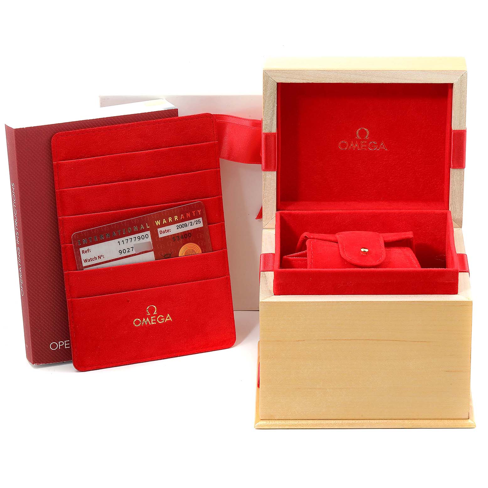 The Omega 1177.79.00 Women's White Gold Mother of Pearl Dial 1177.79.00 Women's White Gold Mother of Pearl Dial Constellation Iris Yellow Gold Multi Stone 1177.79.00 is shown with its box, international warranty card, and red cardholder.