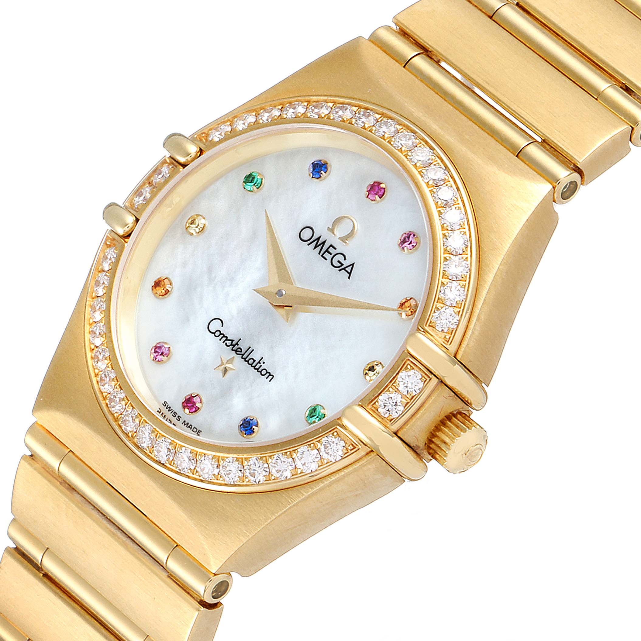 The image shows the face and part of the bracelet of the Omega 1177.79.00 Women's White Gold Mother of Pearl Dial 1177.79.00 Women's White Gold Mother of Pearl Dial Constellation Iris Yellow Gold Multi Stone Watch 1177.79.00, angled slightly from the side.