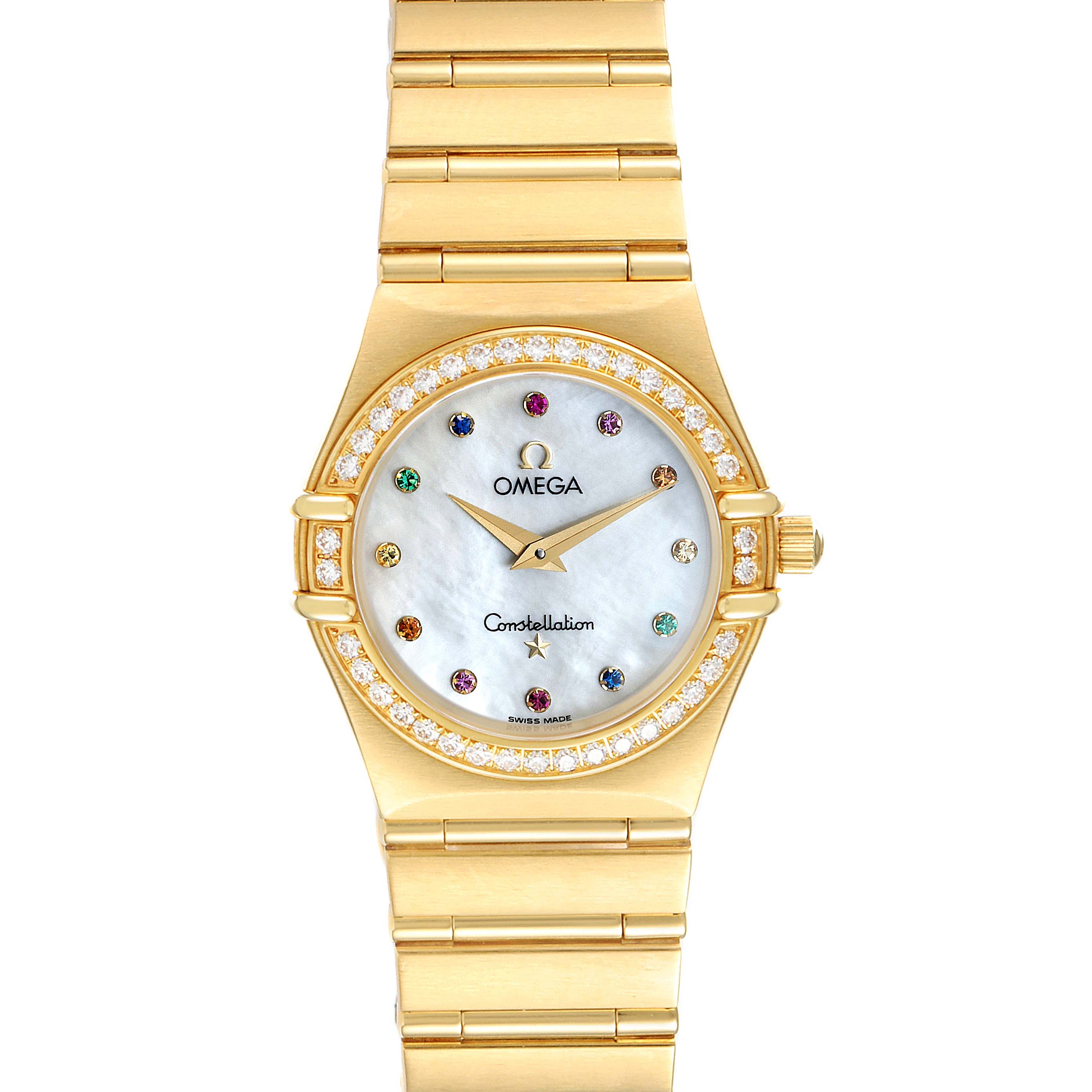 The Omega 1177.79.00 Women's White Gold Mother of Pearl Dial 1177.79.00 Women's White Gold Mother of Pearl Dial Constellation Iris Yellow Gold Multi Stone Watch 1177.79.00 is shown from a top-down angle, highlighting its face, bezel, and band.
