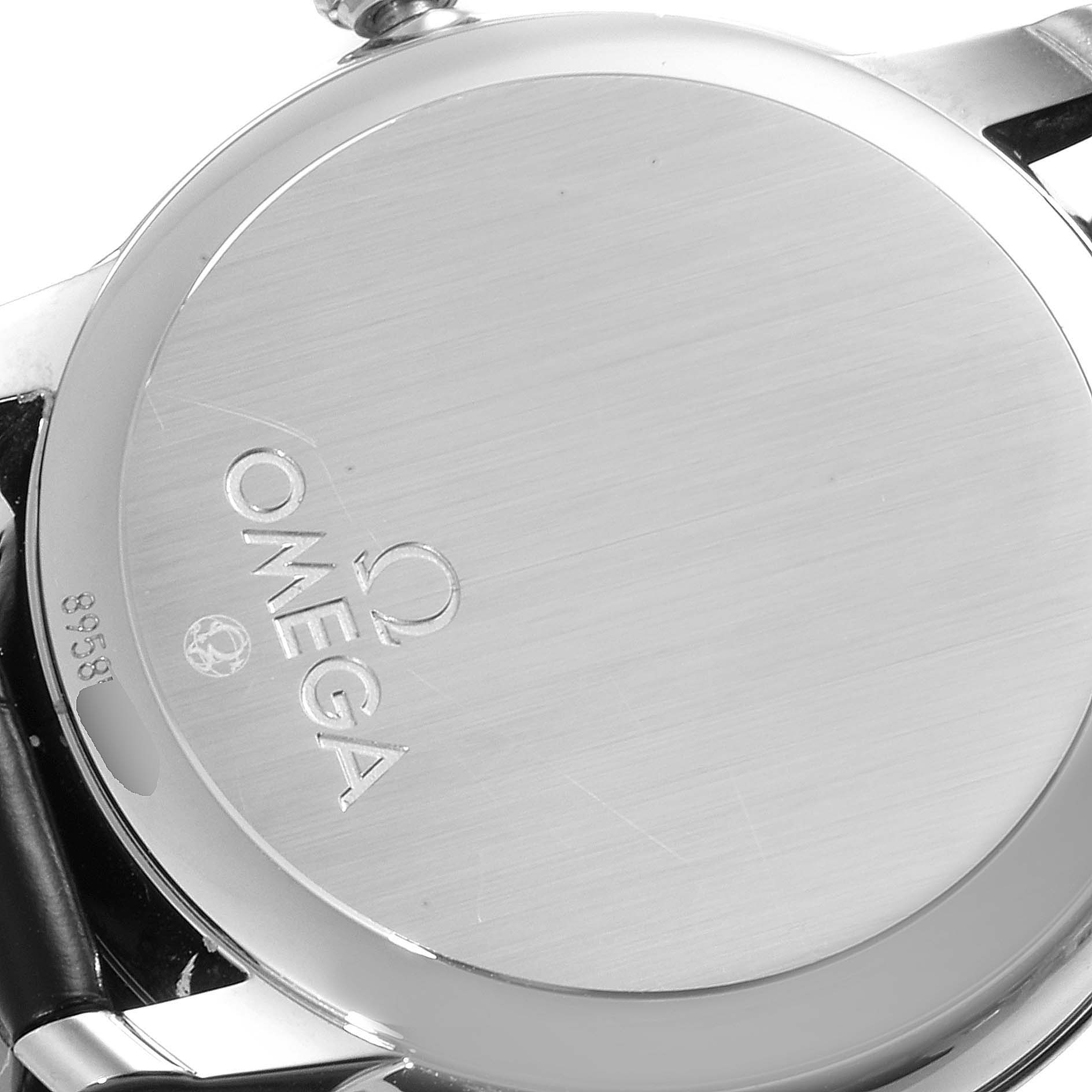 This image shows the back view of an Omega De Ville 424.13.40.20.01.001 Men's Stainless Steel Black Dial 424.13.40.20.01.001 Men's Stainless Steel Black Dial watch, highlighting the engraved brand logo and model details.