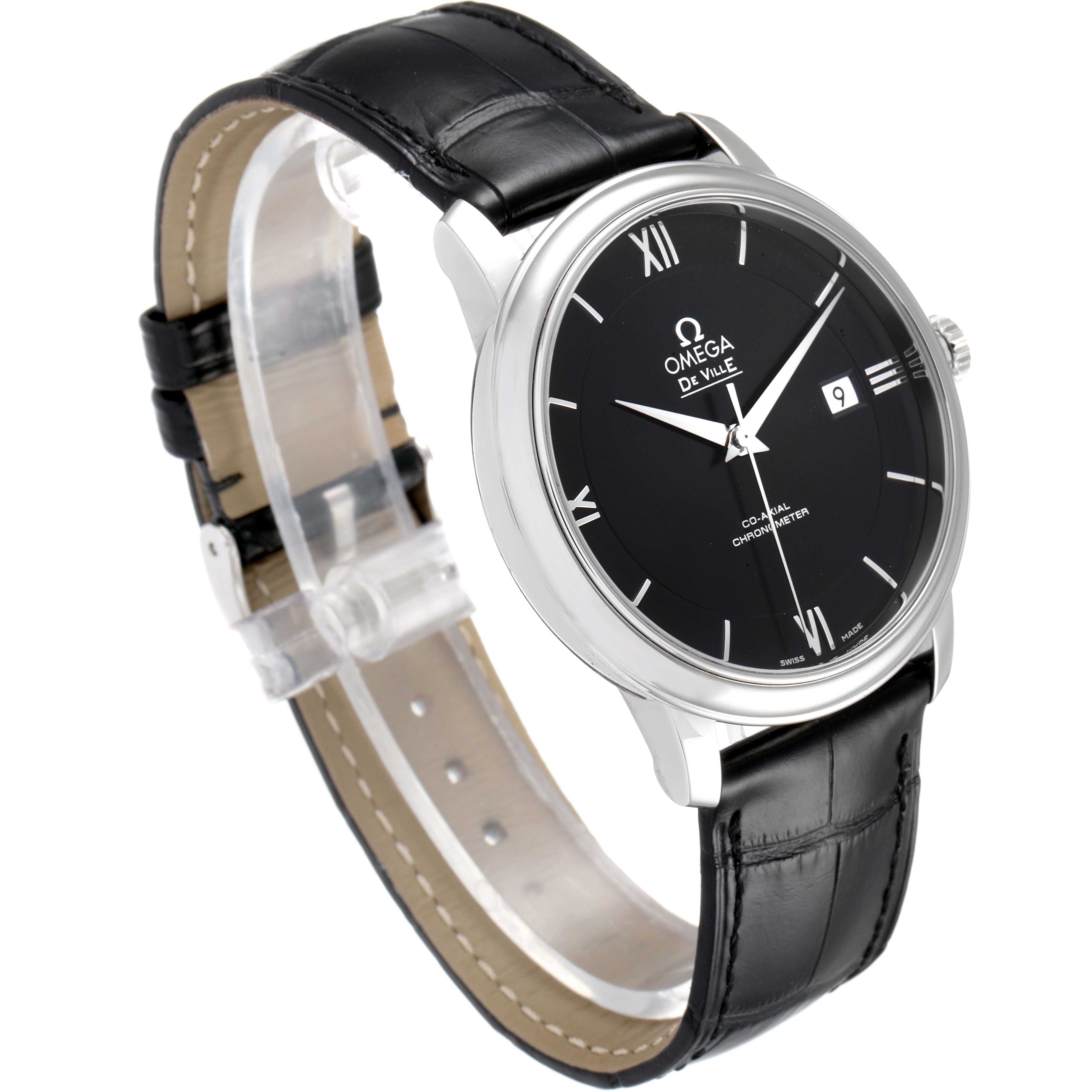The Omega De Ville 424.13.40.20.01.001 Men's Stainless Steel Black Dial 424.13.40.20.01.001 Men's Stainless Steel Black Dial watch is shown at a three-quarter angle, highlighting the face, bezel, strap, and crown.