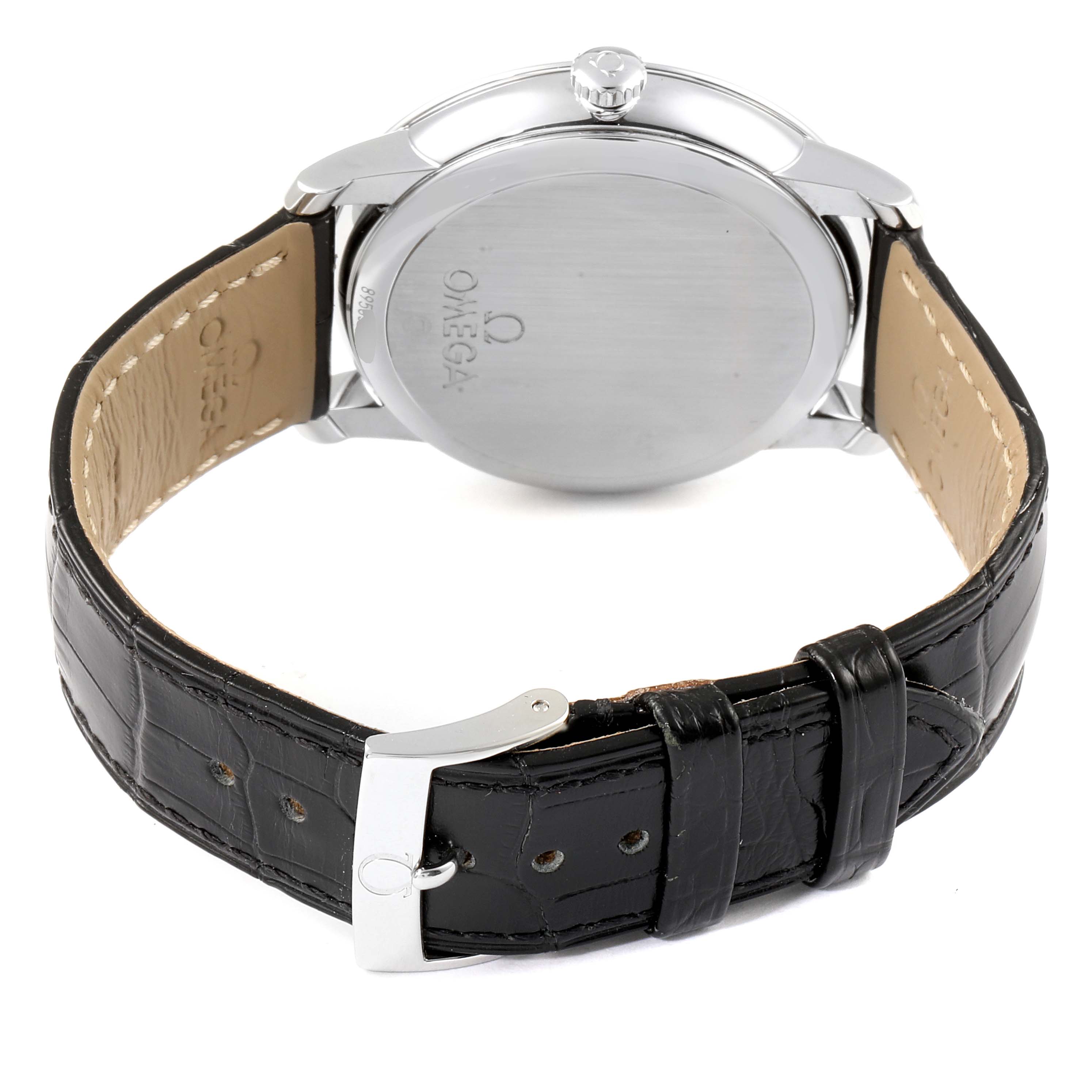 The image shows the back and strap of an Omega De Ville 424.13.40.20.01.001 Men's Stainless Steel Black Dial 424.13.40.20.01.001 Men's Stainless Steel Black Dial watch, highlighting the caseback and leather strap with buckle.