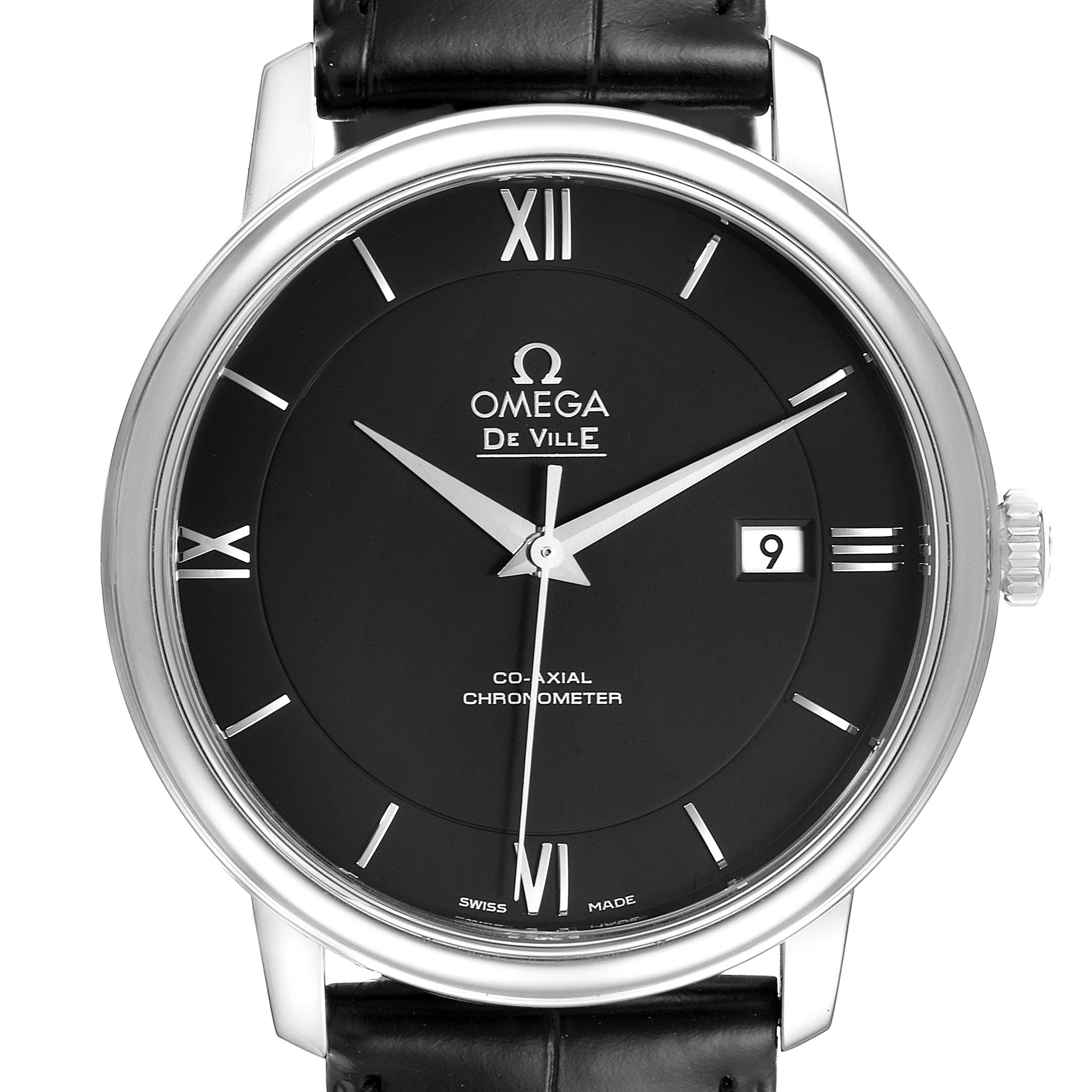 This image shows a front view of the Omega De Ville 424.13.40.20.01.001 Men's Stainless Steel Black Dial 424.13.40.20.01.001 Men's Stainless Steel Black Dial watch, highlighting the black dial, Roman numerals, and date window.