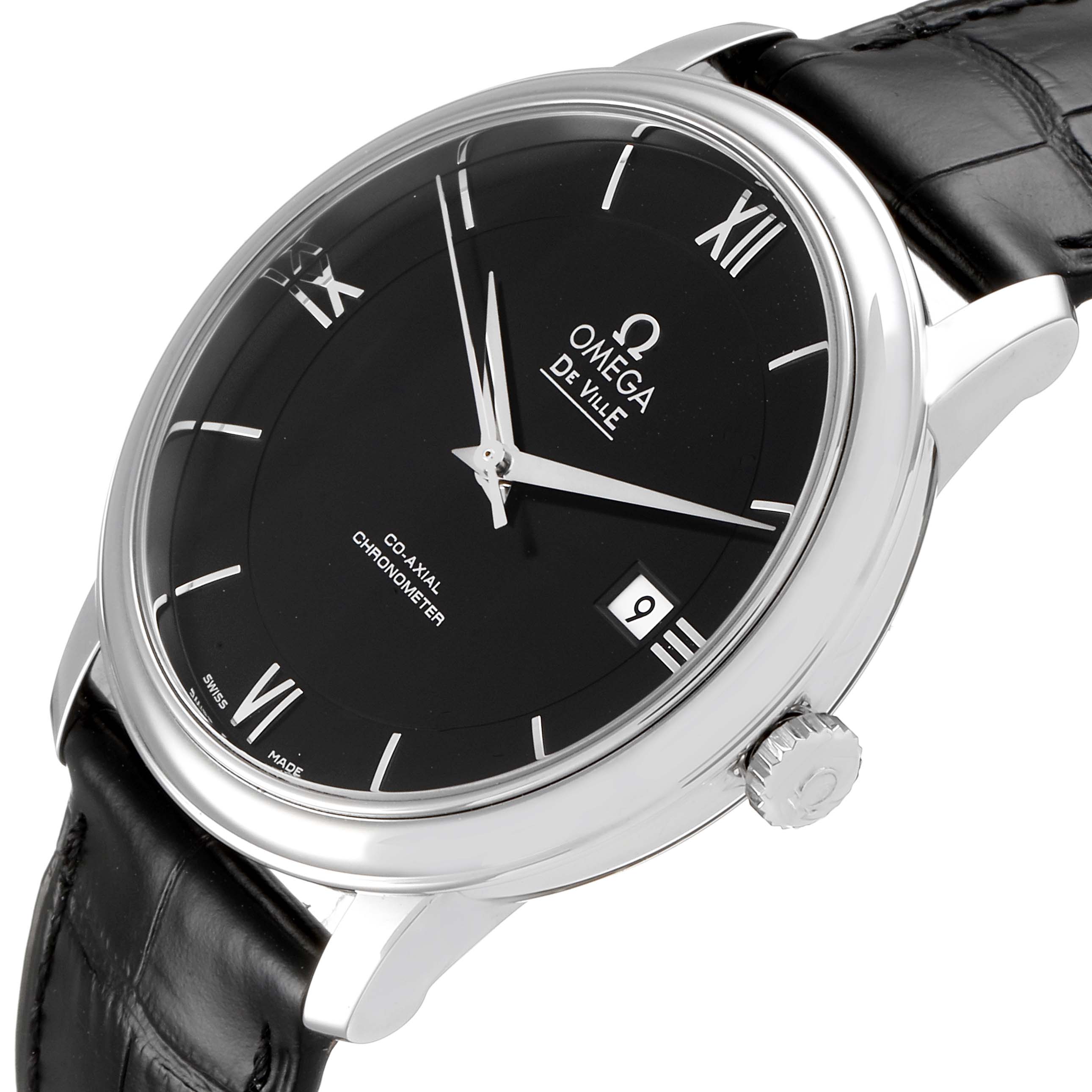 The Omega De Ville 424.13.40.20.01.001 Men's Stainless Steel Black Dial 424.13.40.20.01.001 Men's Stainless Steel Black Dial watch is shown at a slight angle, highlighting its black dial, date window, Roman numerals, and leather strap.