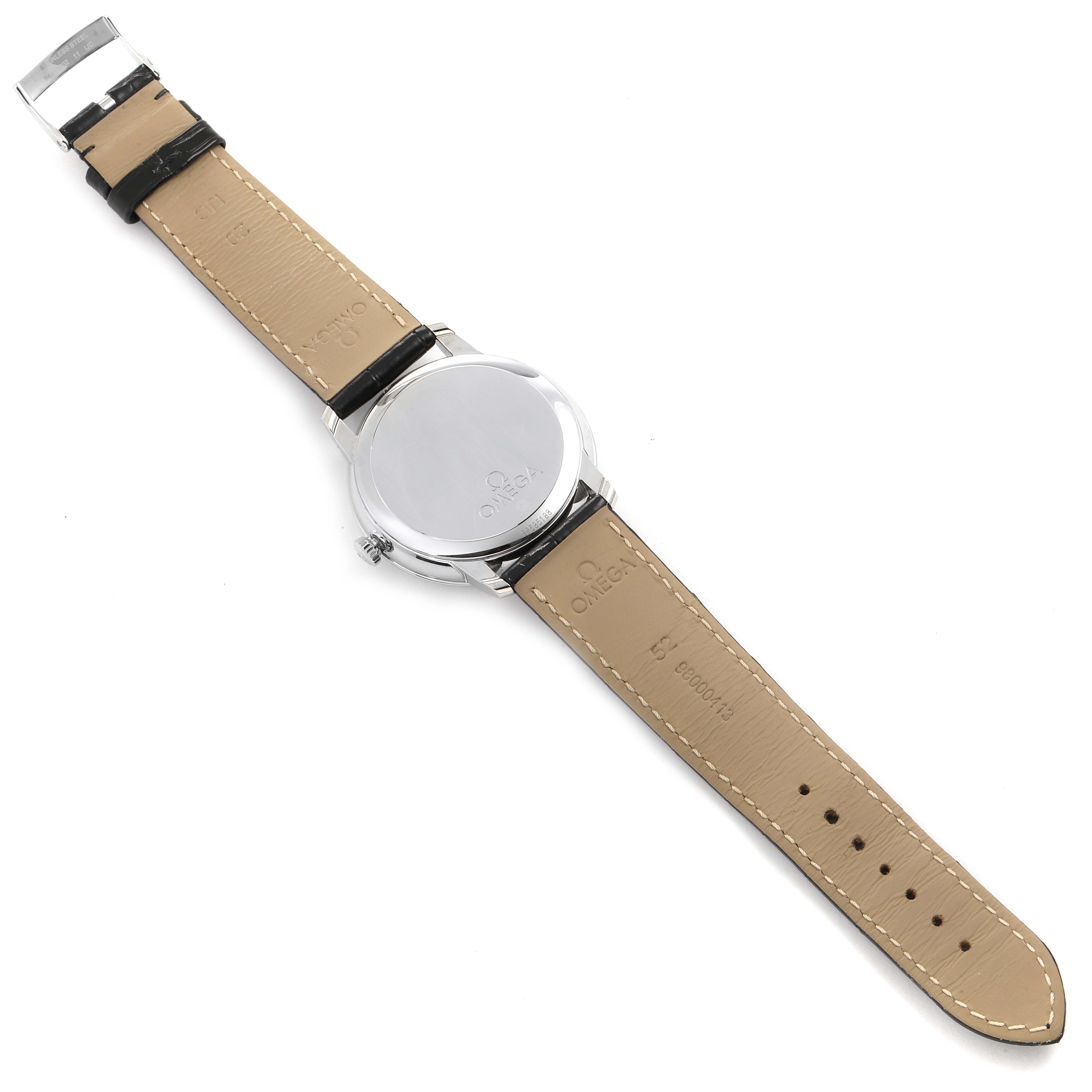The image shows the back side and leather strap of an Omega De Ville 424.13.40.20.01.001 Men's Stainless Steel Black Dial 424.13.40.20.01.001 Men's Stainless Steel Black Dial watch.