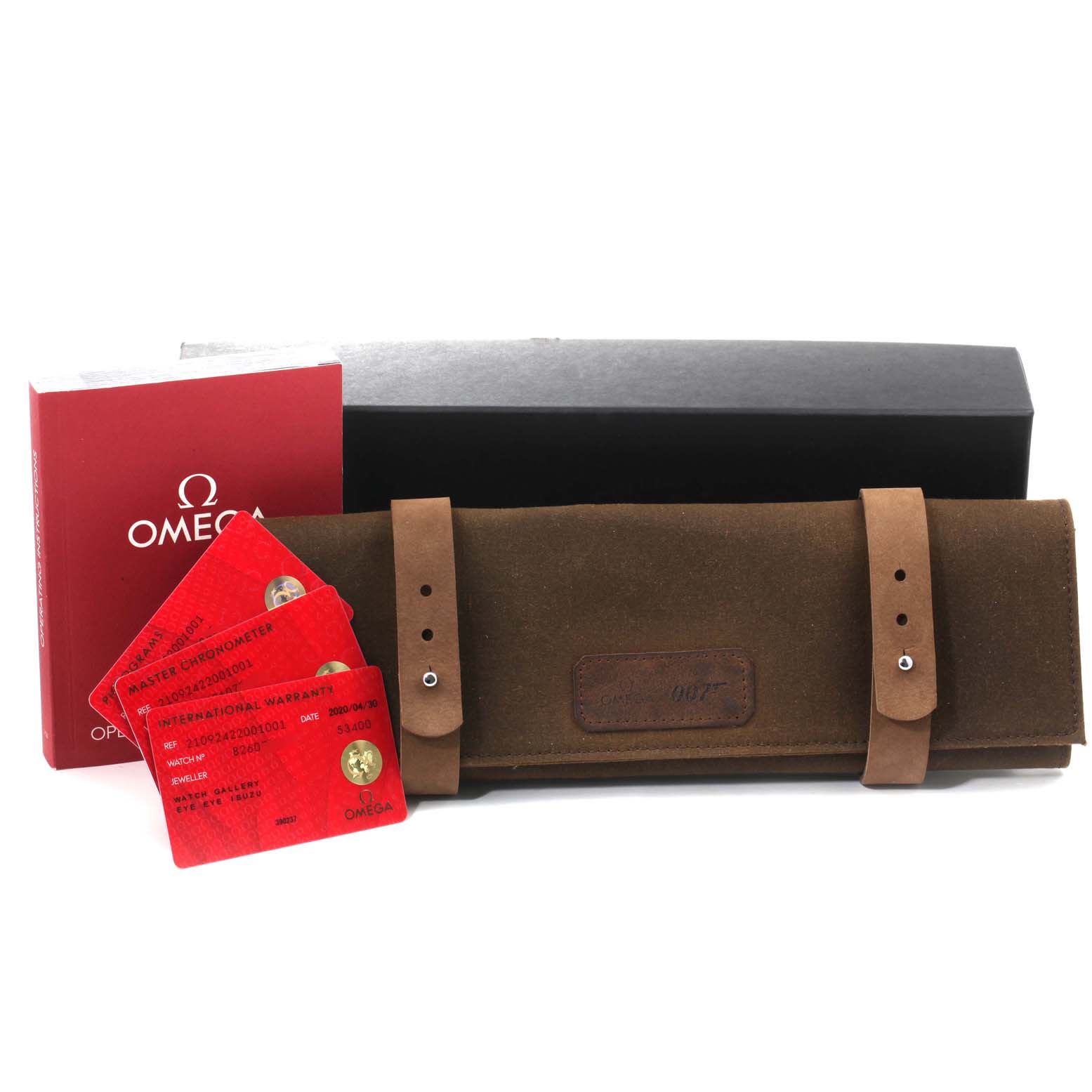 The image shows the accessories for an Omega Seamaster 210.92.42.20.01.001 Men's Titanium Brown Dial 210.92.42.20.01.001 Men's Titanium Brown Dial, including a brown leather watch roll, warranty cards, and an Omega booklet.