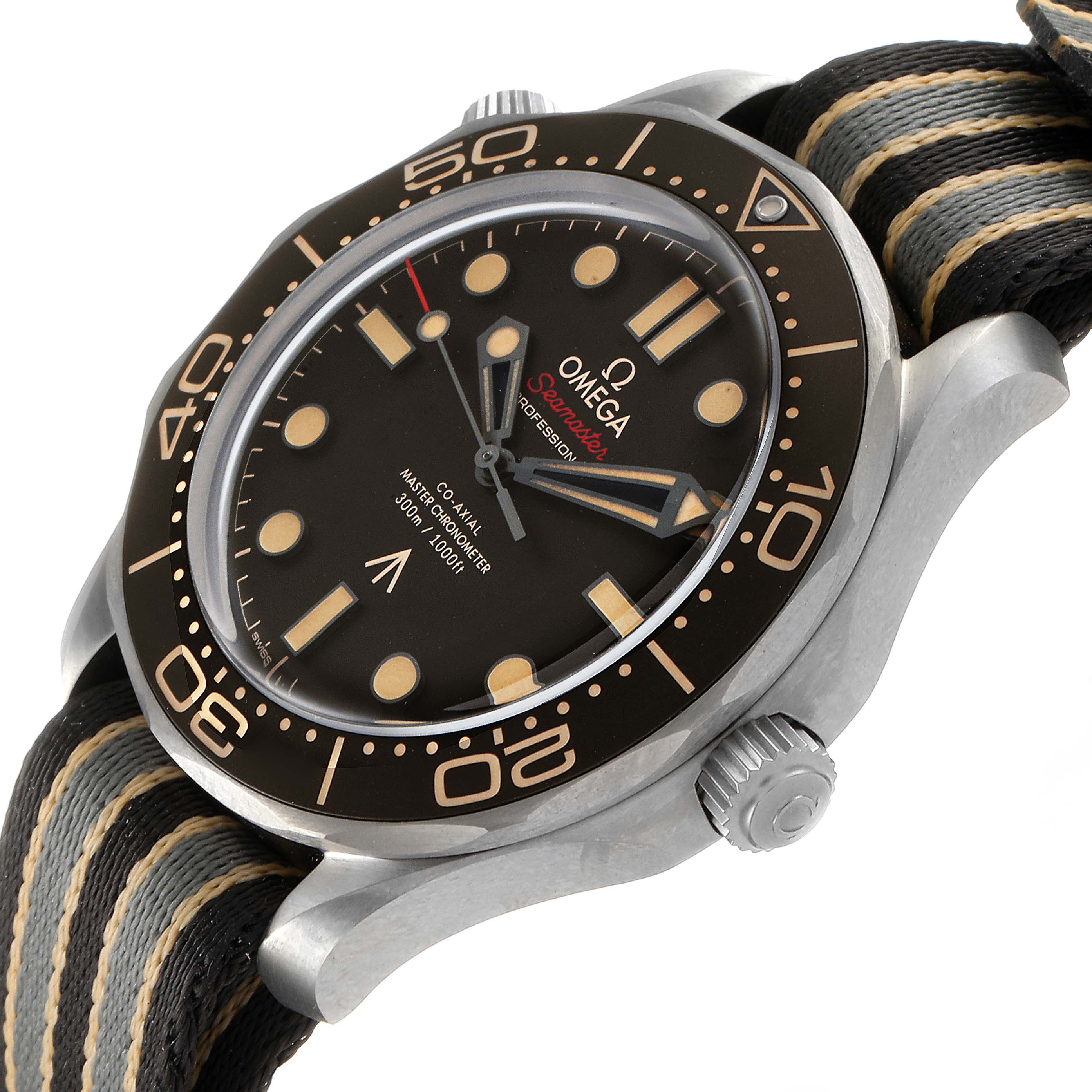 The image shows an angled close-up of the Omega Seamaster 210.92.42.20.01.001 Men's Titanium Brown Dial 210.92.42.20.01.001 Men's Titanium Brown Dial watch, highlighting its bezel, dial, crown, and NATO strap.