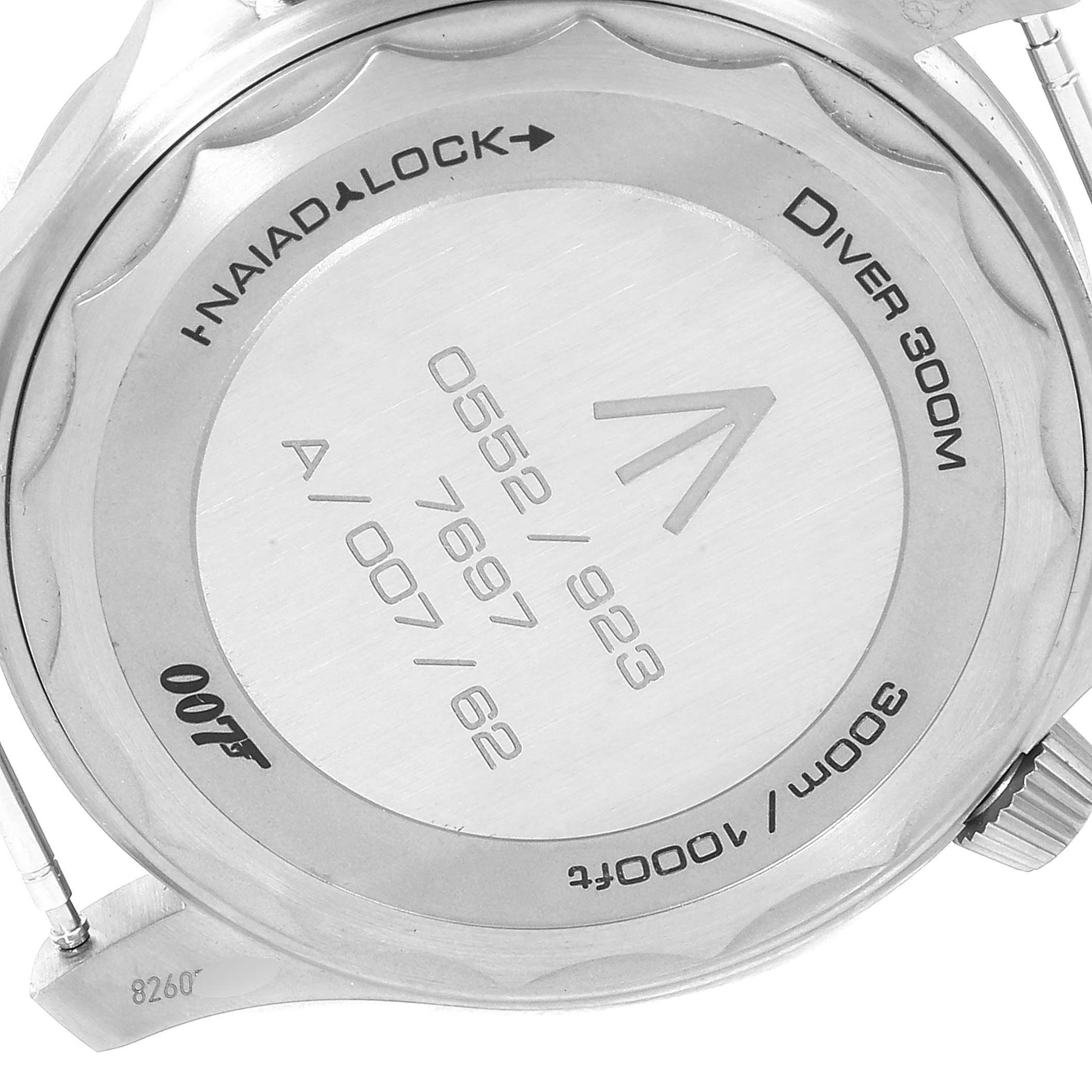 The image shows the case back of an Omega Seamaster 210.92.42.20.01.001 Men's Titanium Brown Dial 210.92.42.20.01.001 Men's Titanium Brown Dial Diver 300M, featuring engraving details and "NAIAD LOCK."