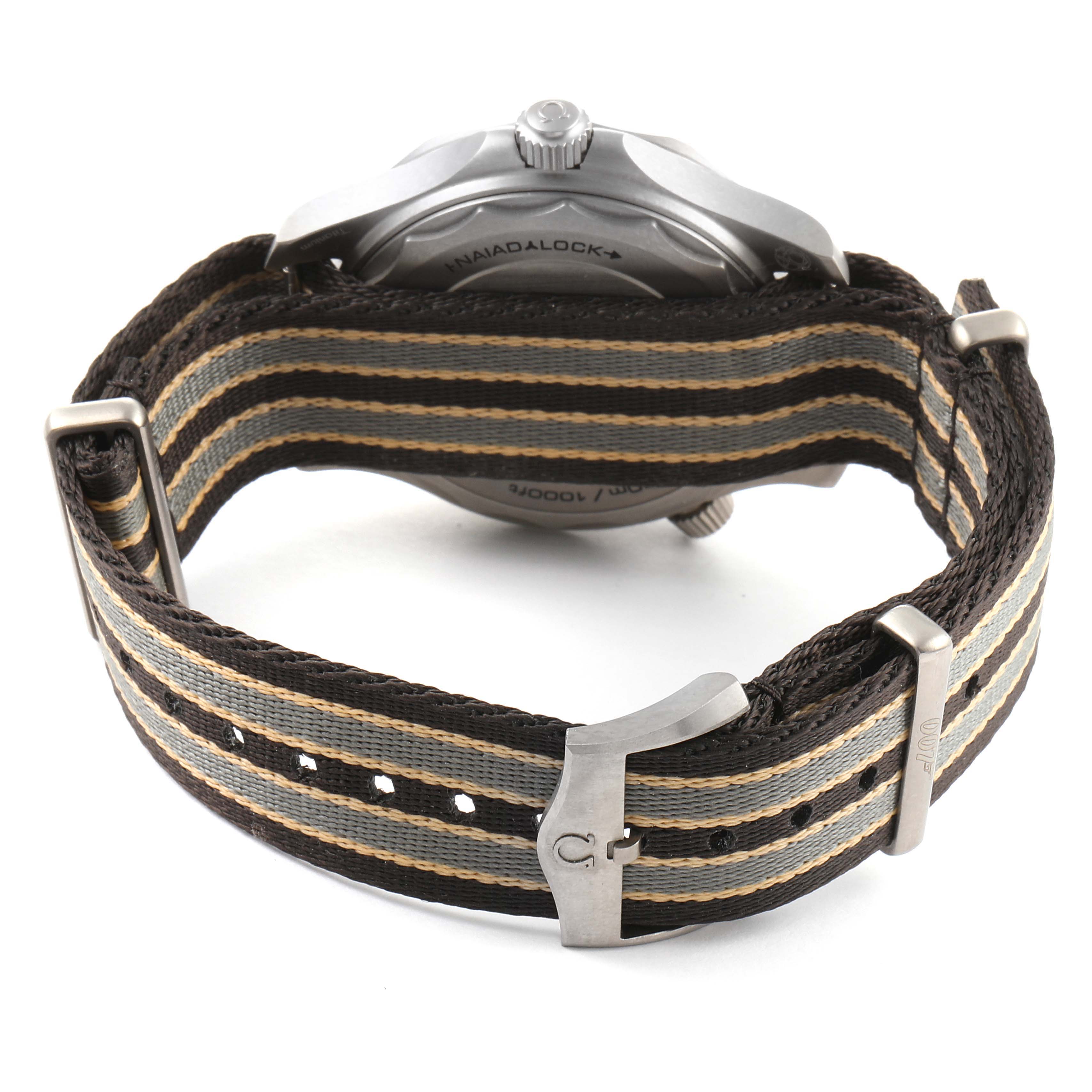 This image shows the back case and NATO strap of an Omega Seamaster 210.92.42.20.01.001 Men's Titanium Brown Dial 210.92.42.20.01.001 Men's Titanium Brown Dial watch.