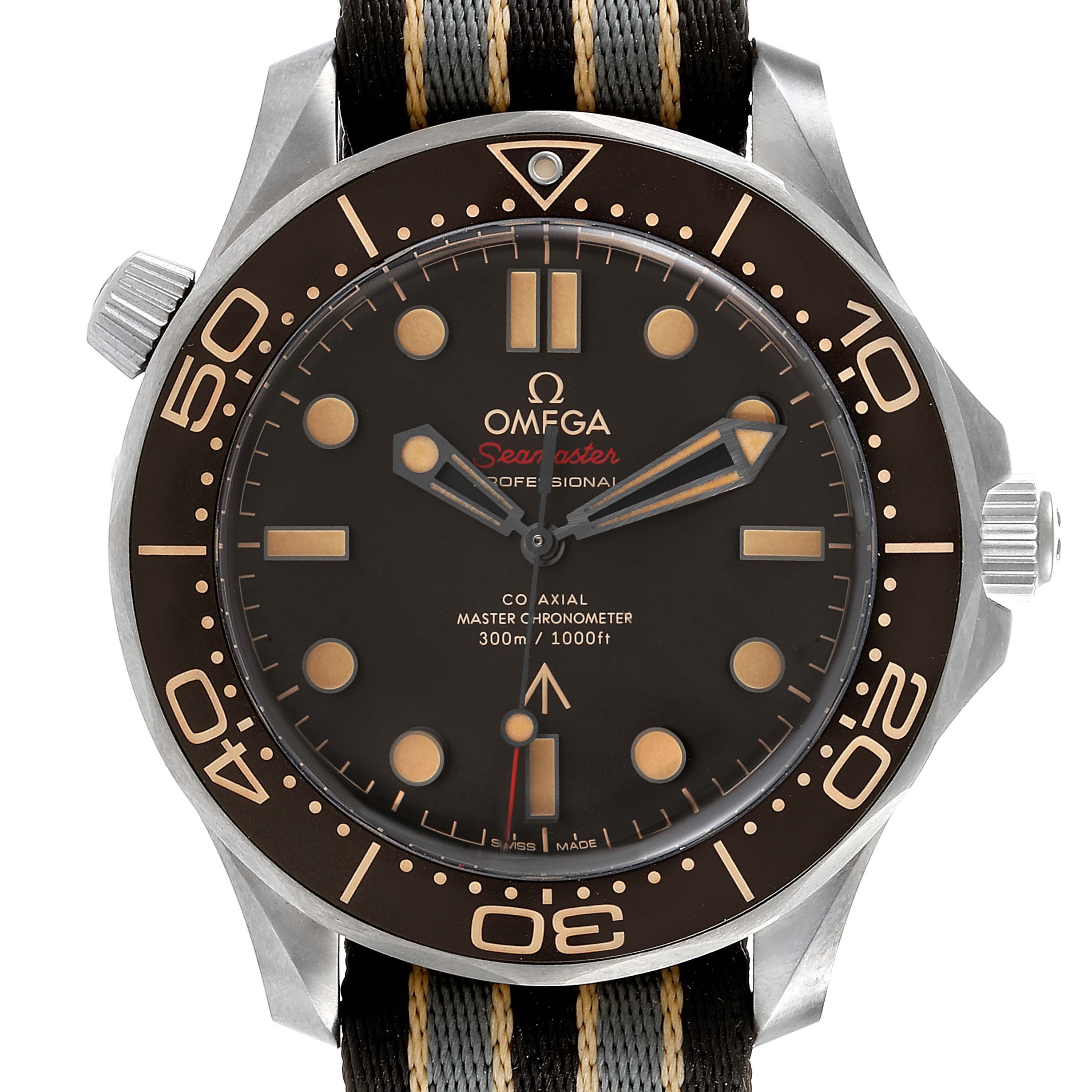 This image shows a front view of the dial and bezel of the Omega Seamaster 210.92.42.20.01.001 Men's Titanium Brown Dial 210.92.42.20.01.001 Men's Titanium Brown Dial watch, with strap partially visible.