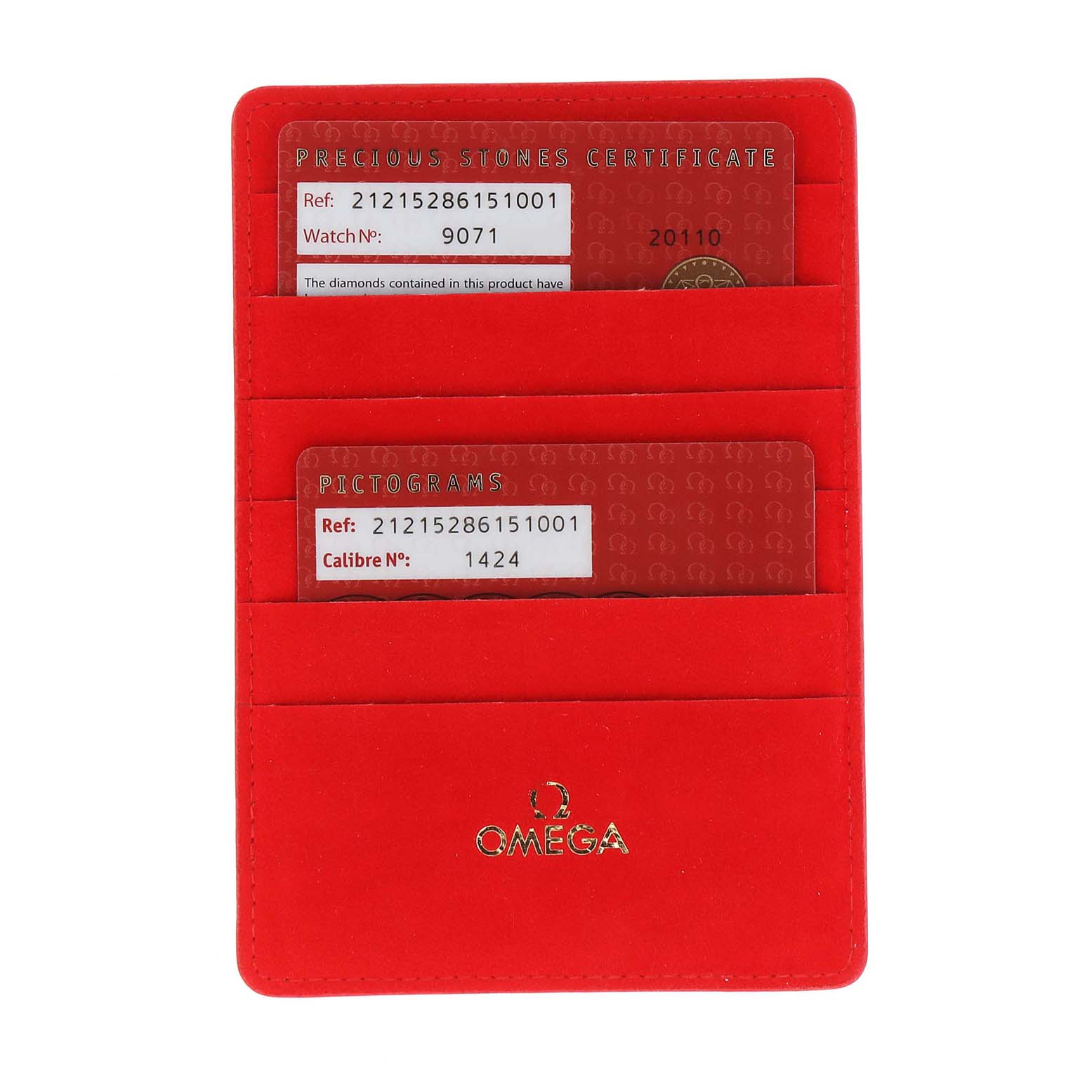 The image shows two cards inside a red cardholder for an Omega 212.15.28.61.51.001 Women's Stainless Steel Black Dial 212.15.28.61.51.001 Women's Stainless Steel Black Dial Seamaster 300m Diamond Ladies Watch 212.15.28.61.51.001 Box Card model.