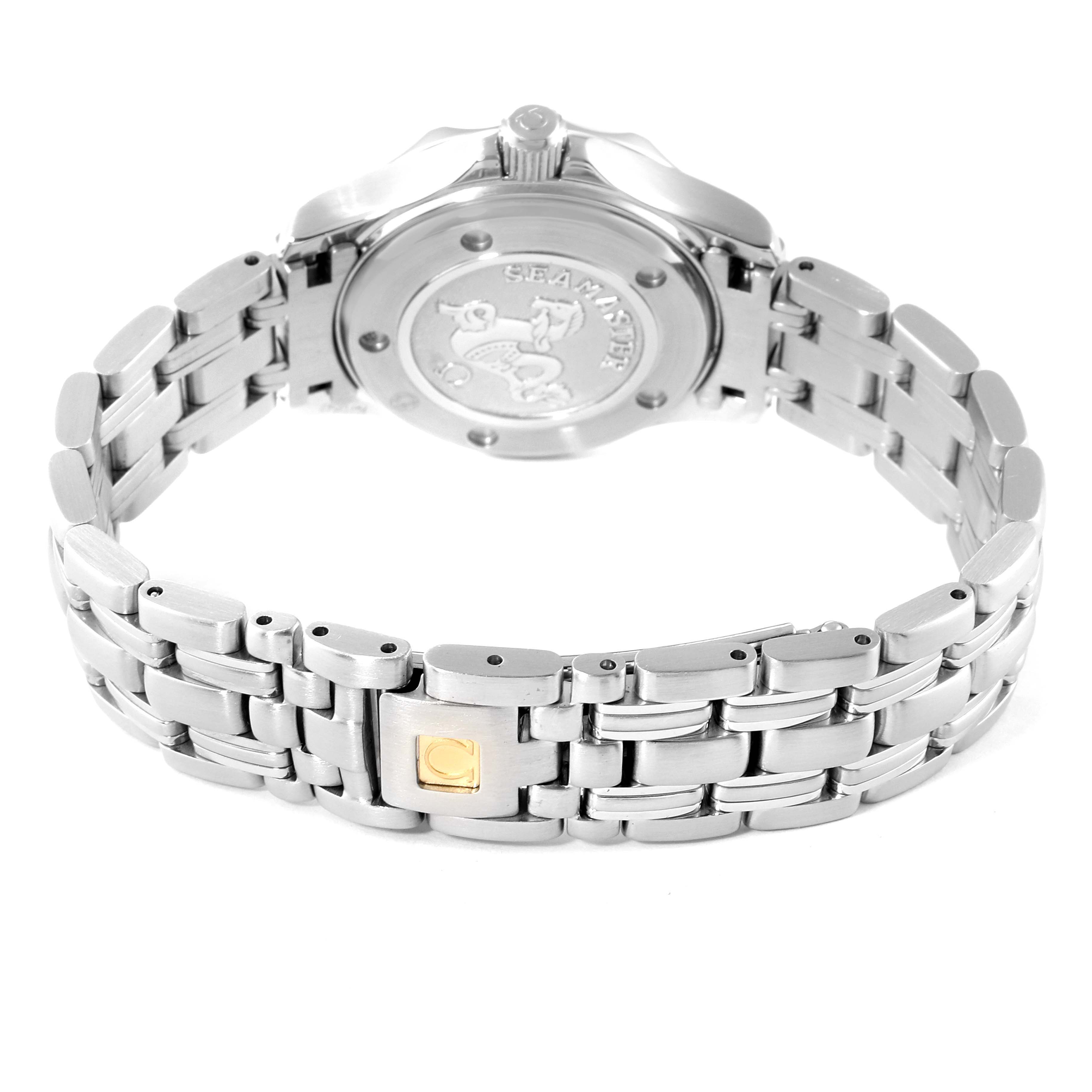 This image shows the back view of the Omega 212.15.28.61.51.001 Women's Stainless Steel Black Dial 212.15.28.61.51.001 Women's Stainless Steel Black Dial Seamaster 300m Diamond Ladies Watch 212.15.28.61.51.001 with its stainless steel bracelet.