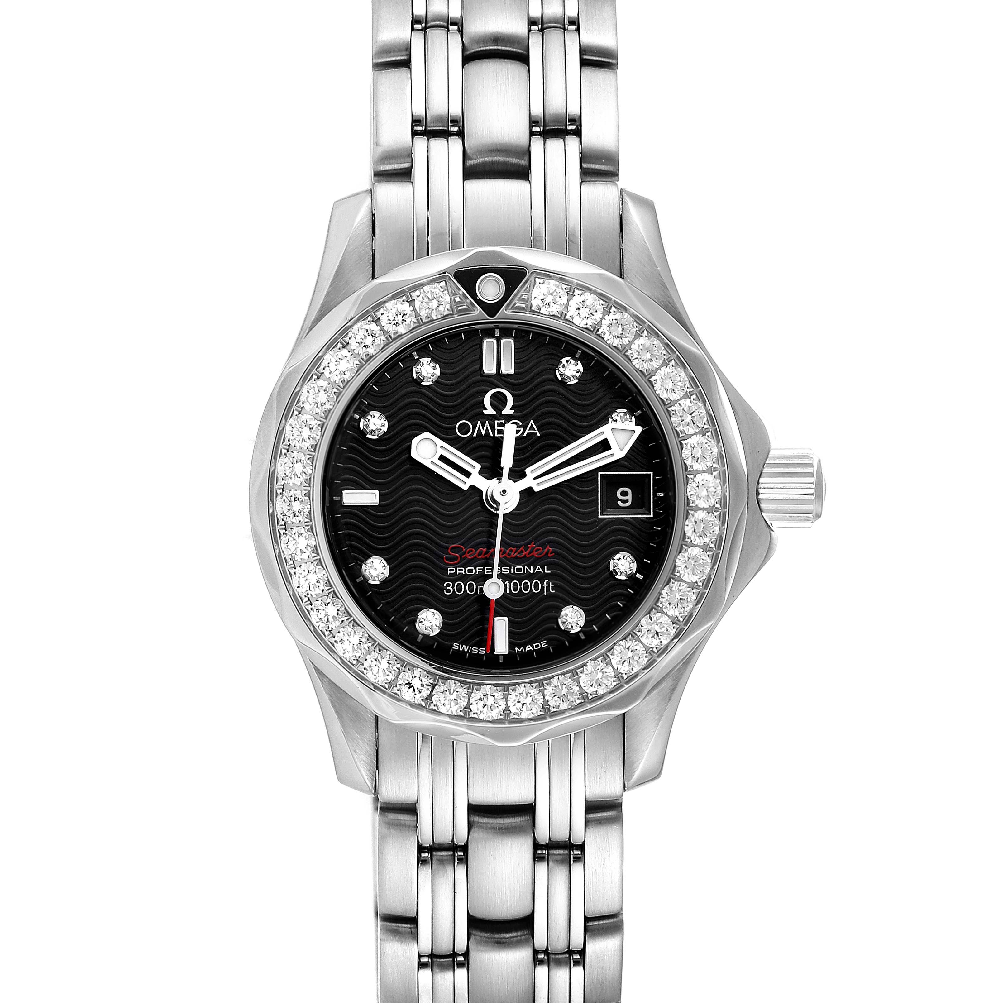 The image shows a front view of the Omega 212.15.28.61.51.001 Women's Stainless Steel Black Dial 212.15.28.61.51.001 Women's Stainless Steel Black Dial Seamaster 300m Diamond Ladies Watch 212.15.28.61.51.001, highlighting its dial and bracelet.