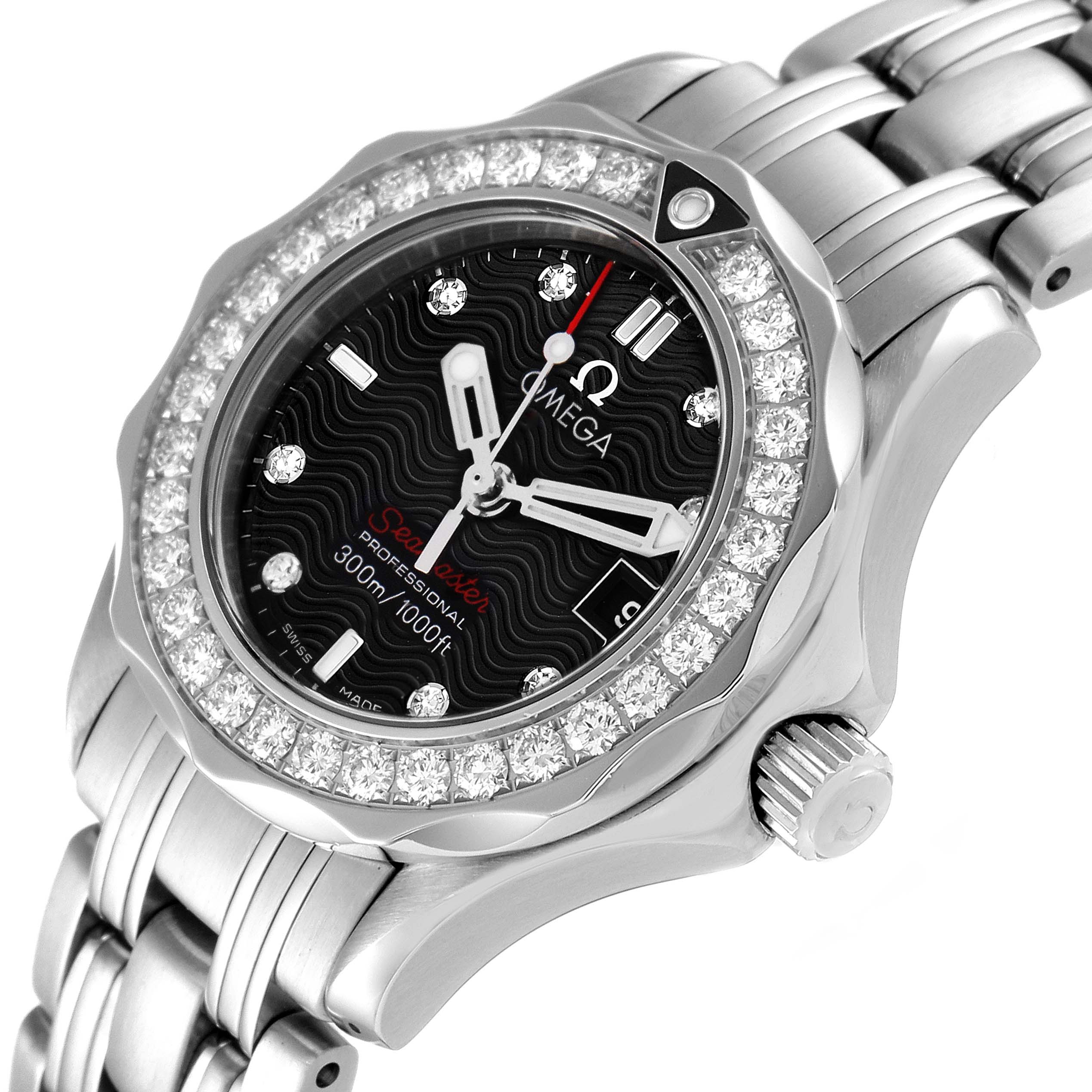 The image shows an angled view of the Omega 212.15.28.61.51.001 Women's Stainless Steel Black Dial 212.15.28.61.51.001 Women's Stainless Steel Black Dial Seamaster 300m Diamond Ladies Watch 212.15.28.61.51.001, highlighting the face, bezel, and part of the bracelet.