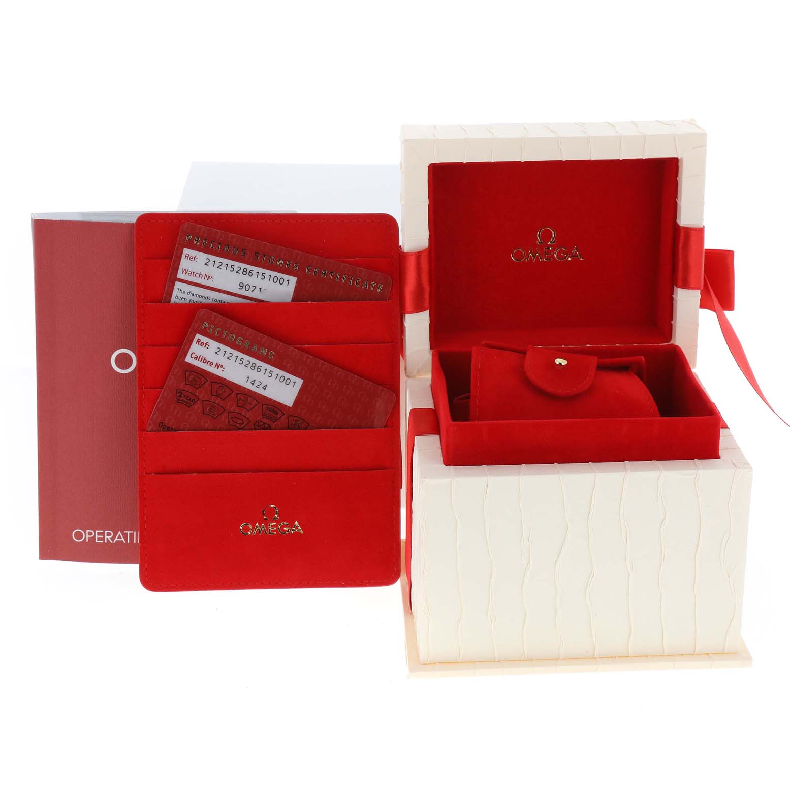 The image shows the packaging, box, and warranty cards for the Omega 212.15.28.61.51.001 Women's Stainless Steel Black Dial 212.15.28.61.51.001 Women's Stainless Steel Black Dial Seamaster 300m Diamond Ladies Watch model 212.15.28.61.51.001.