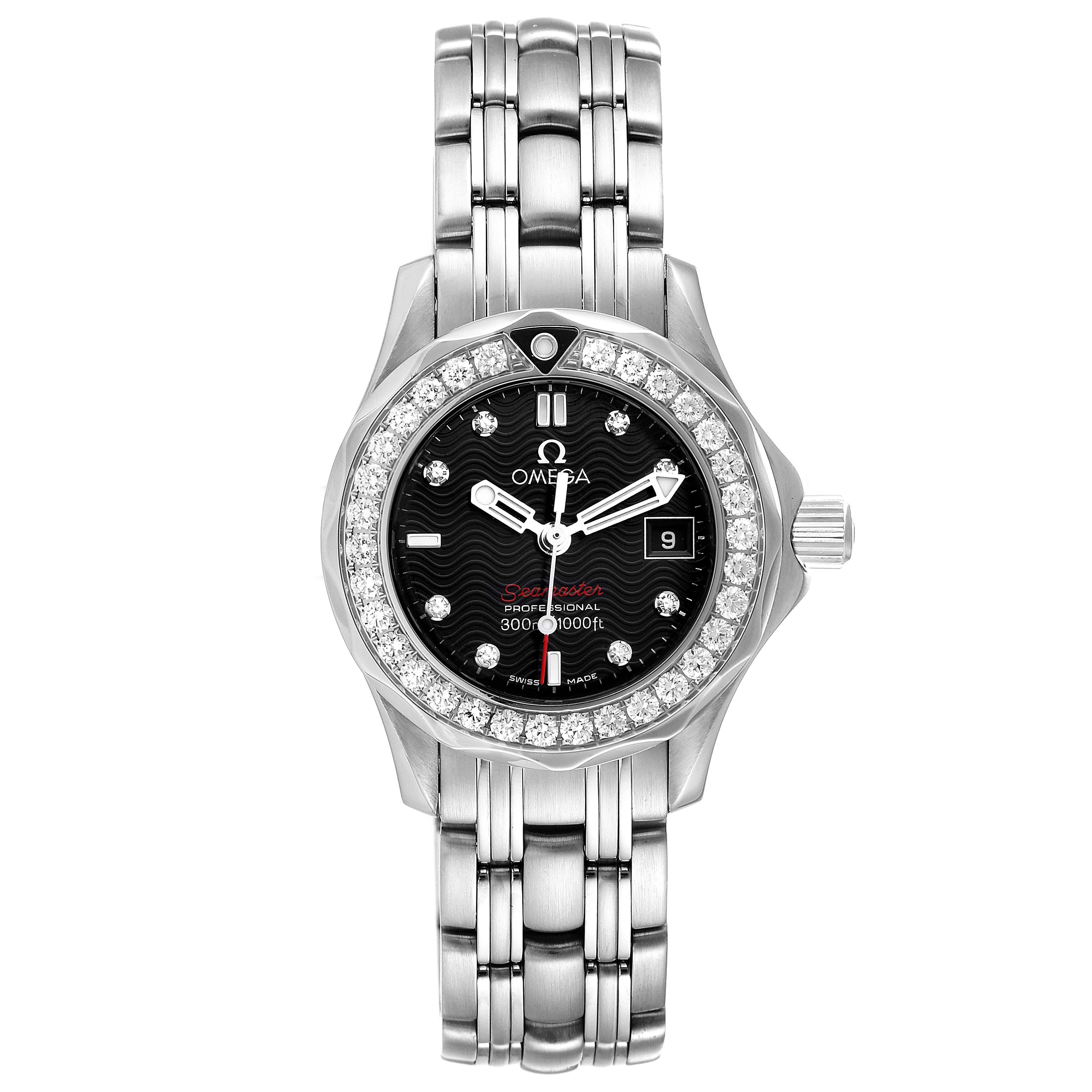 The image shows a top-down view of the Omega 212.15.28.61.51.001 Women's Stainless Steel Black Dial 212.15.28.61.51.001 Women's Stainless Steel Black Dial Seamaster 300m Diamond Ladies Watch 212.15.28.61.51.001, highlighting the face and bracelet.