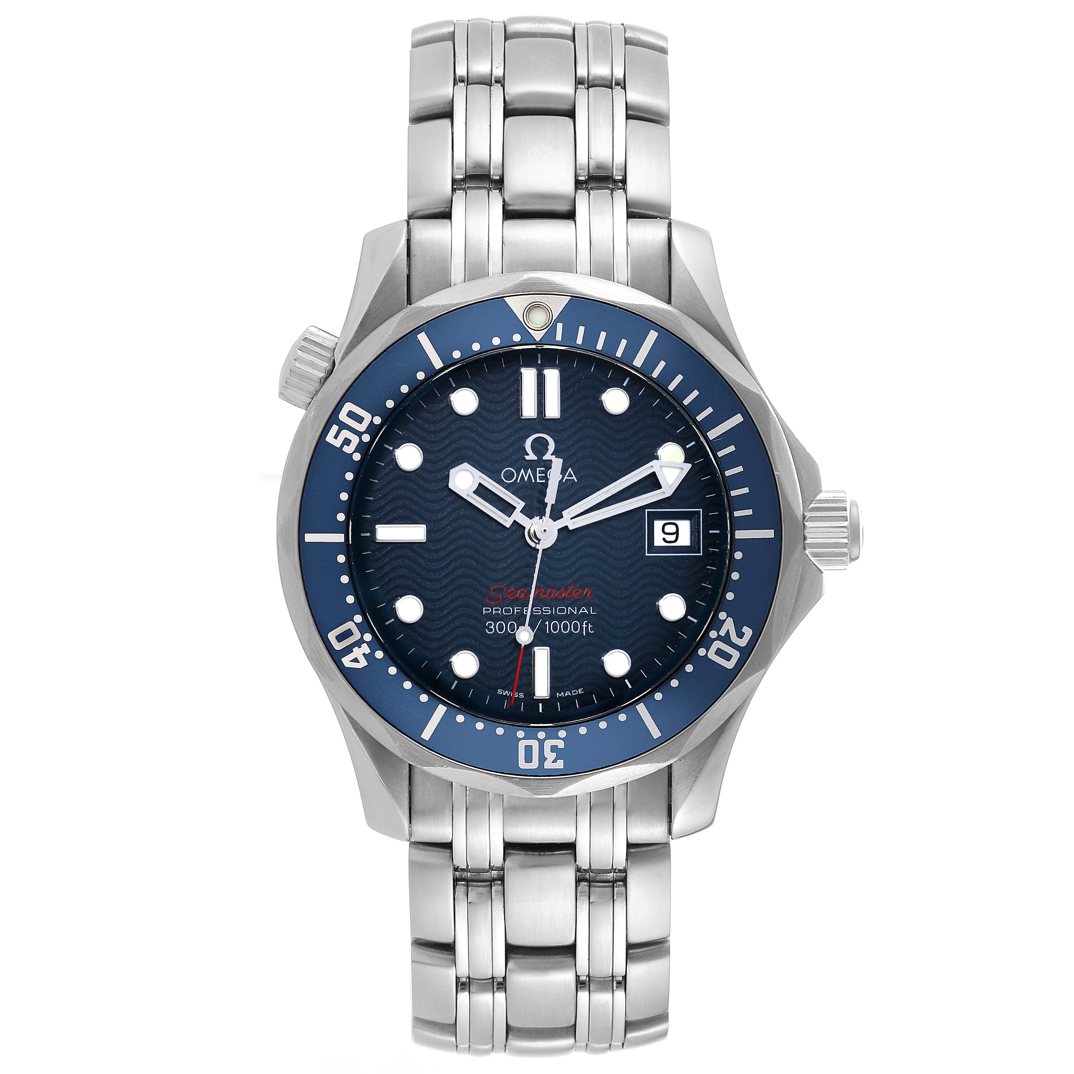 The image shows a frontal view of the Omega Seamaster 2223.80.00 Men
s Stainless Steel Blue Dial 2223.80.00 Men
s Stainless Steel Blue Dial watch, highlighting its face, bezel, crown, and bracelet.