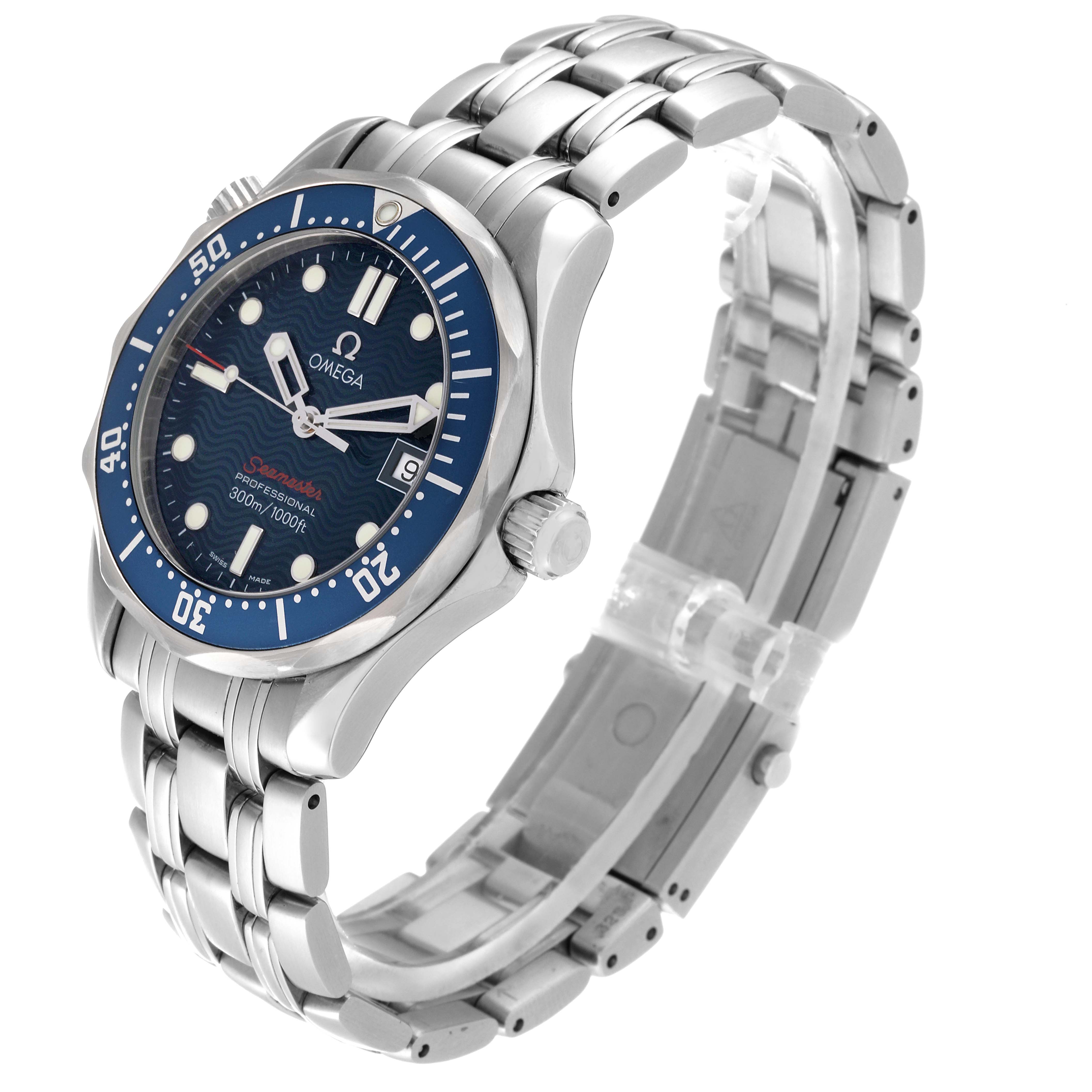 The Omega Seamaster 2223.80.00 Men
s Stainless Steel Blue Dial 2223.80.00 Men
s Stainless Steel Blue Dial watch is shown at a three-quarter angle, displaying its face, bezel, and stainless steel bracelet.