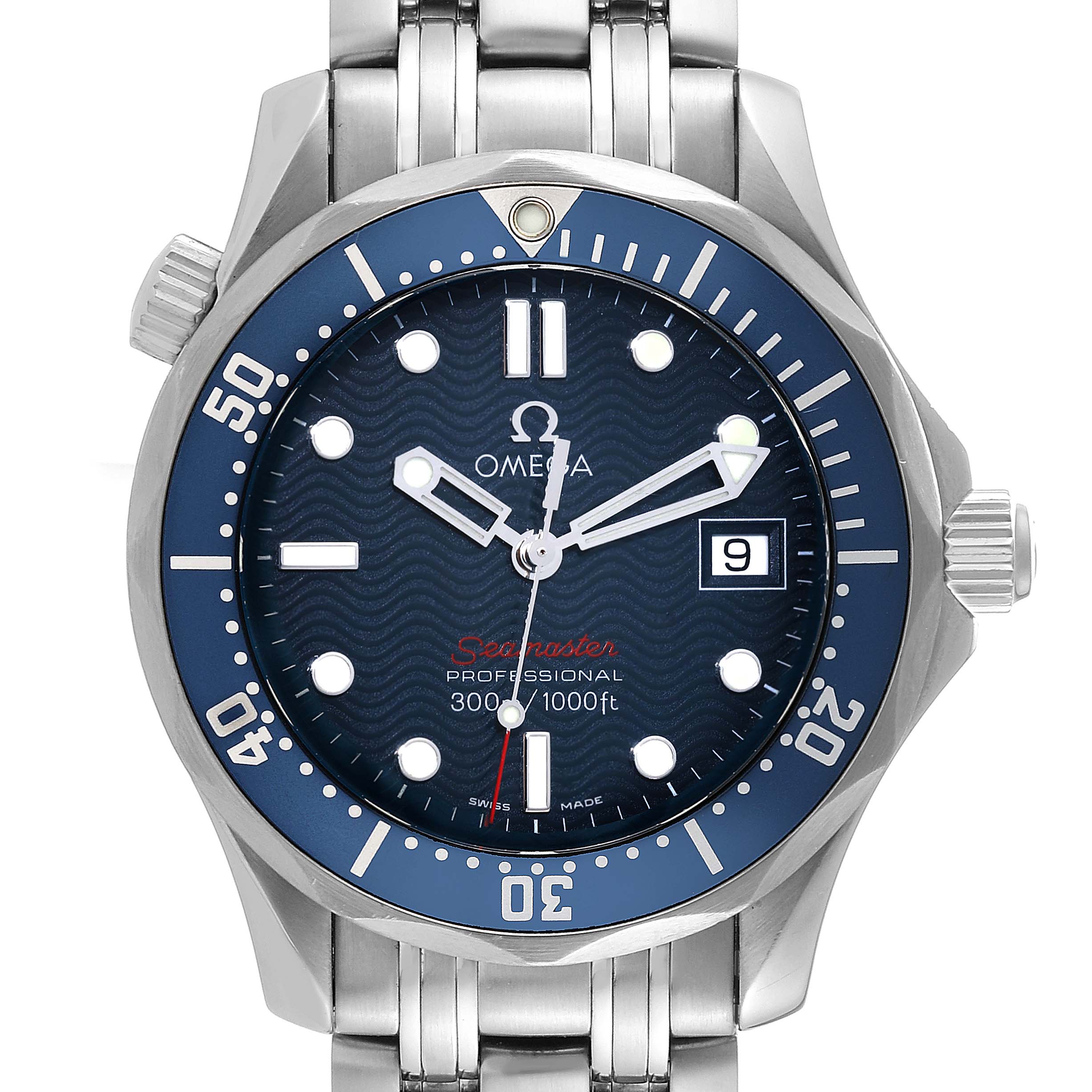 The image shows a front view of the Omega Seamaster 2223.80.00 Men
s Stainless Steel Blue Dial 2223.80.00 Men
s Stainless Steel Blue Dial watch, highlighting its blue dial, bezel, and stainless steel bracelet.