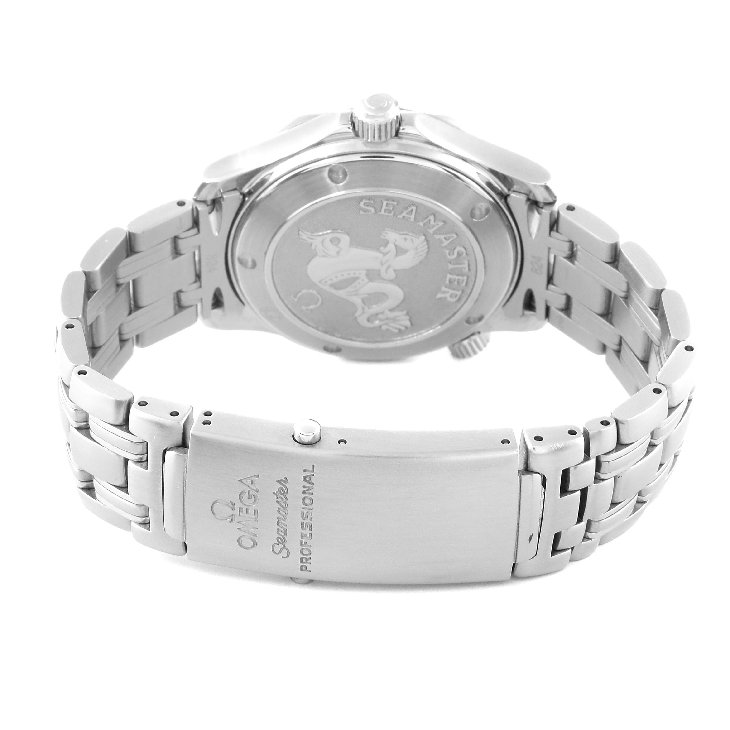 The image shows the back case and bracelet clasp of an Omega Seamaster 2223.80.00 Men
s Stainless Steel Blue Dial 2223.80.00 Men
s Stainless Steel Blue Dial watch, highlighting its engraved design and stainless steel band.