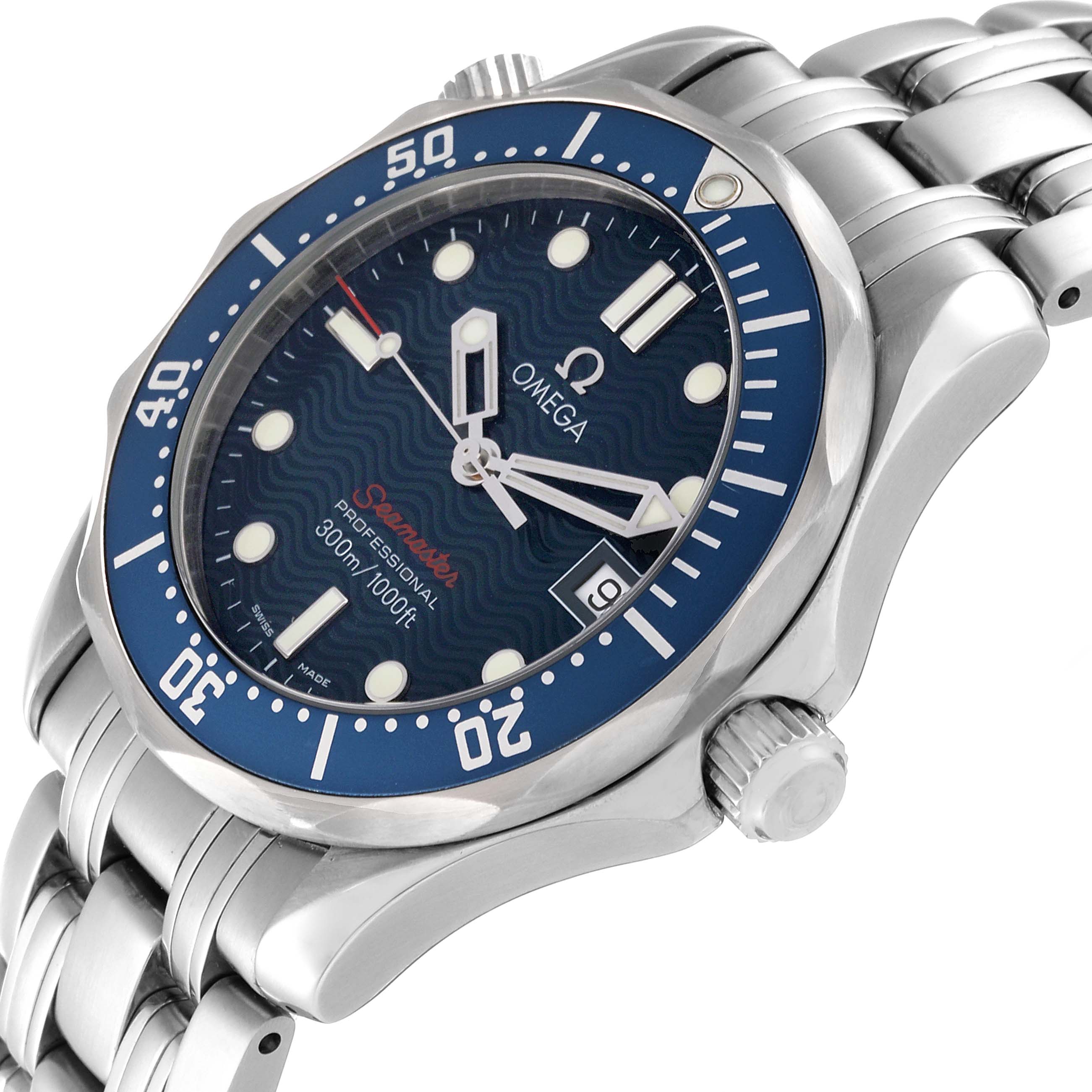 The Omega Seamaster 2223.80.00 Men
s Stainless Steel Blue Dial 2223.80.00 Men
s Stainless Steel Blue Dial watch is shown at an angle, highlighting its blue dial, bezel, and stainless steel bracelet.