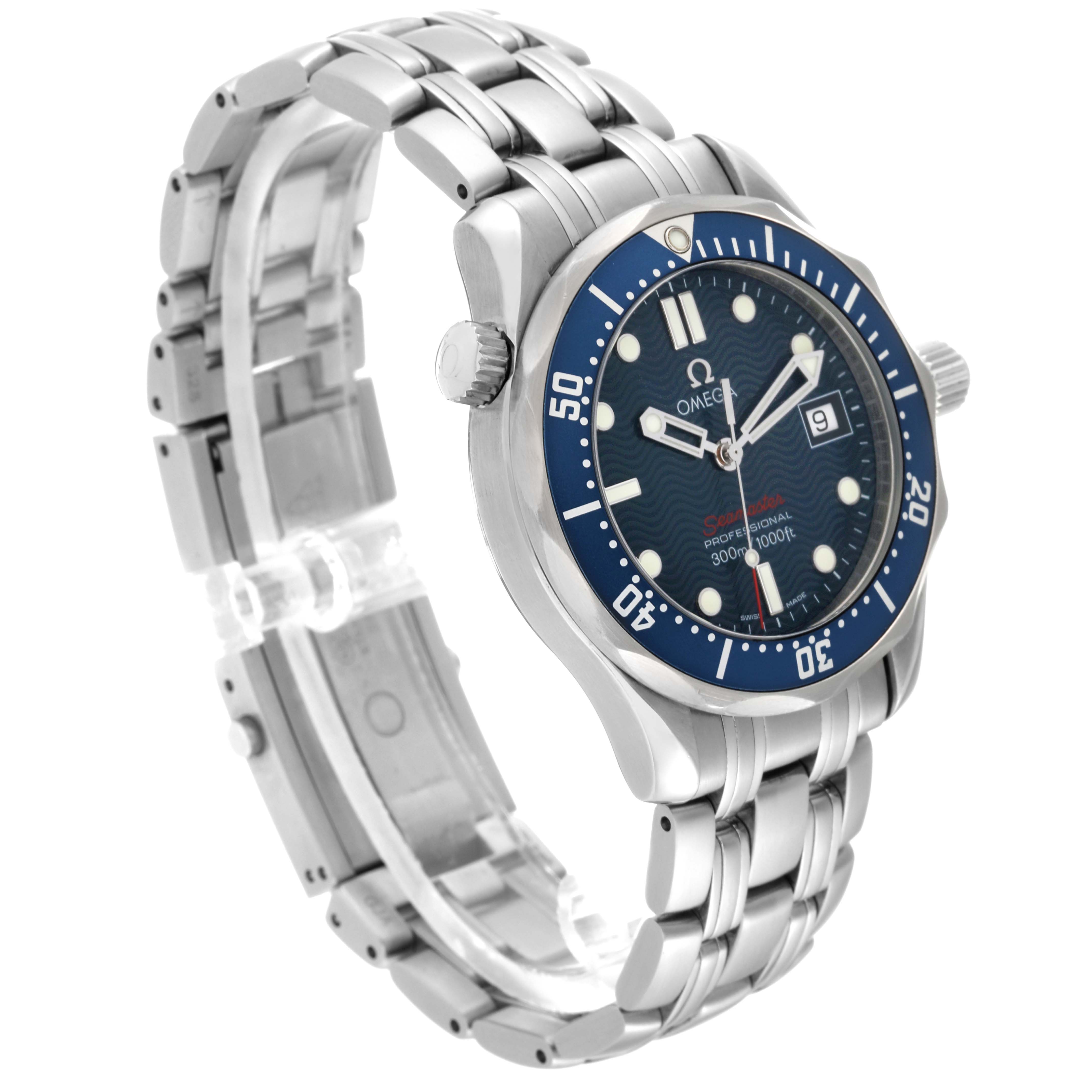 The image shows a side-angle view of an Omega Seamaster 2223.80.00 Men
s Stainless Steel Blue Dial 2223.80.00 Men
s Stainless Steel Blue Dial watch, highlighting its face, bezel, crown, and bracelet.