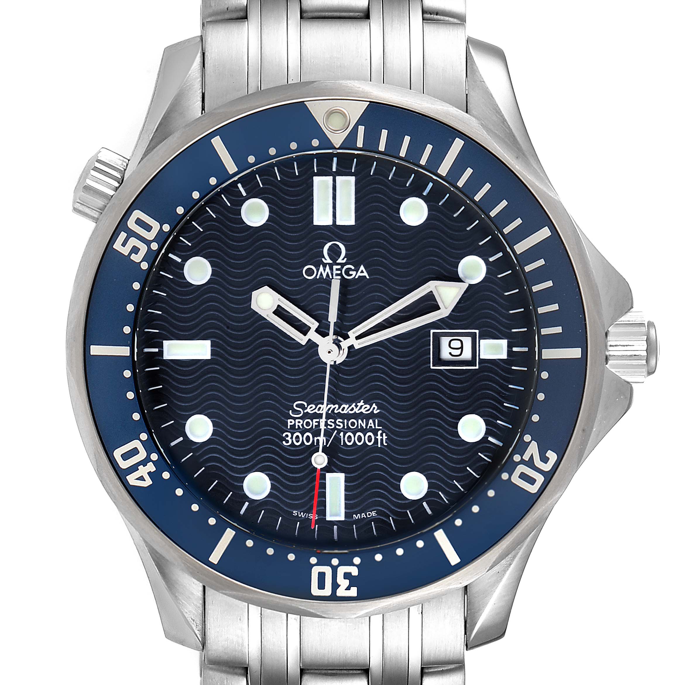 The image shows a front view of the Omega Seamaster 2541.80.00 Men
s Stainless Steel Blue Dial 2541.80.00 Men
s Stainless Steel Blue Dial watch, displaying its dial, bezel, crown, and bracelet.