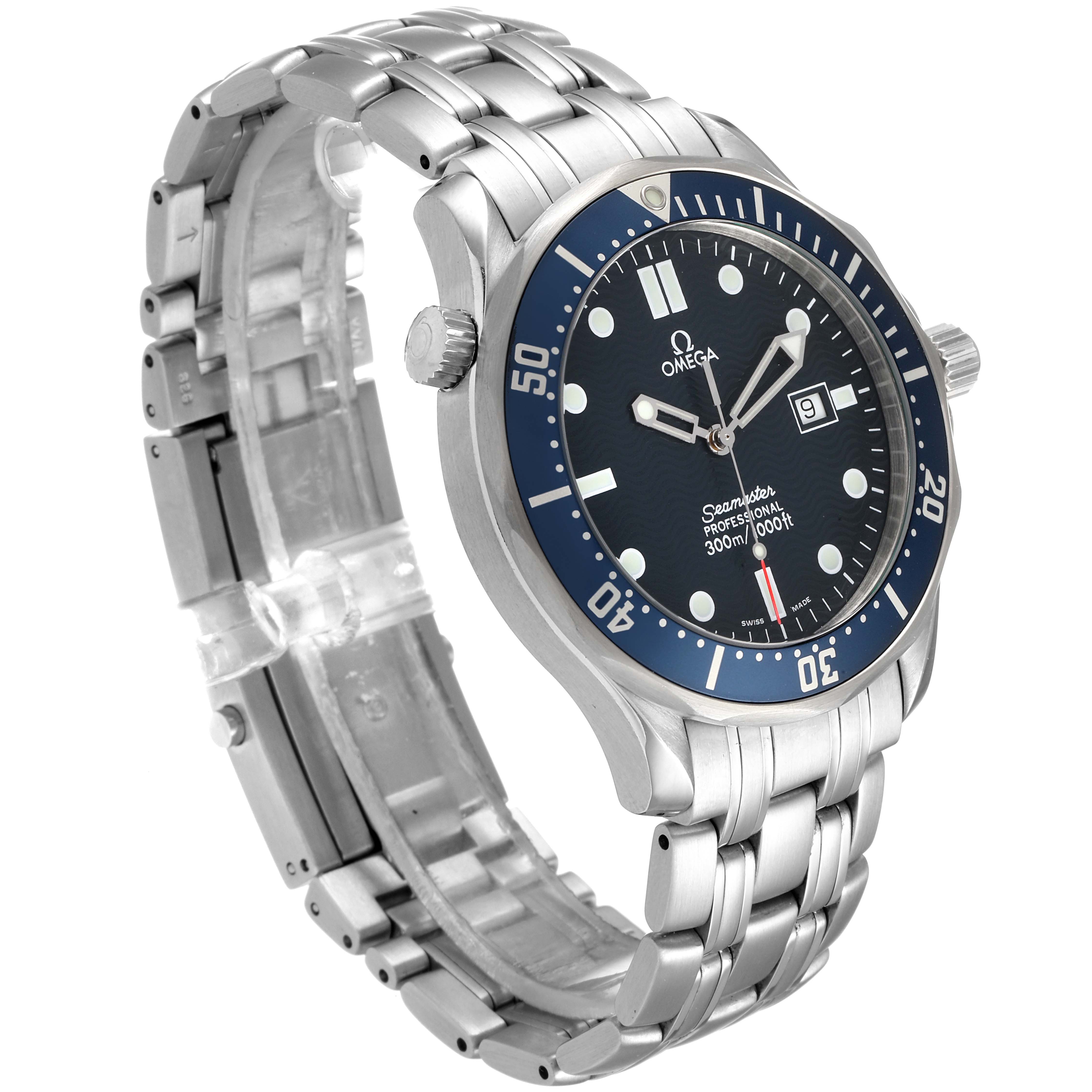 The image shows an Omega Seamaster 2541.80.00 Men
s Stainless Steel Blue Dial 2541.80.00 Men
s Stainless Steel Blue Dial watch at a three-quarter angle with its face, band, and crown visible.