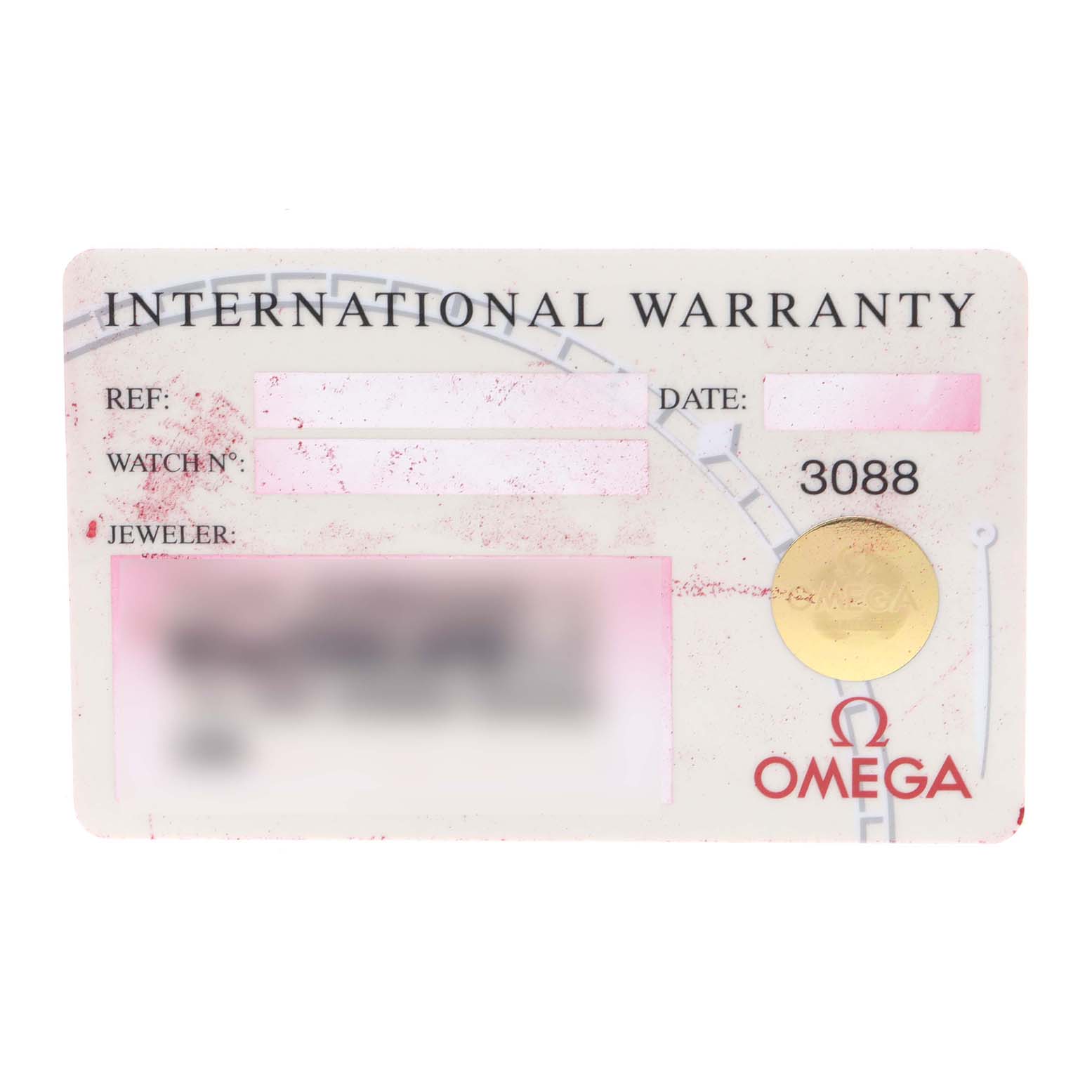 This image shows an Omega Seamaster 2541.80.00 Men
s Stainless Steel Blue Dial 2541.80.00 Men
s Stainless Steel Blue Dial International Warranty card with spaces for reference, watch number, date, and jeweler details.