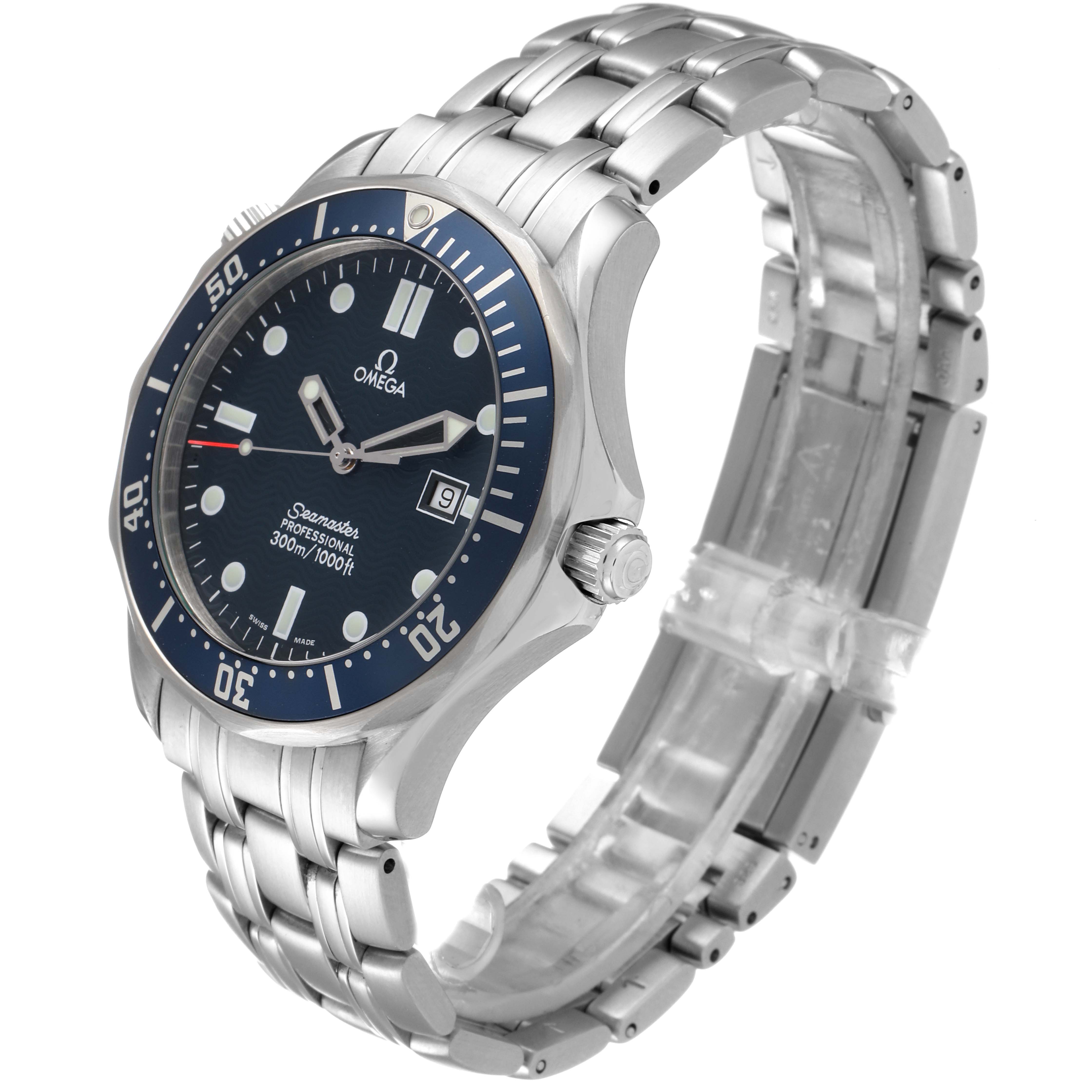 The Omega Seamaster 2541.80.00 Men
s Stainless Steel Blue Dial 2541.80.00 Men
s Stainless Steel Blue Dial watch is shown at a three-quarter angle, highlighting its face, bezel, crown, and metal bracelet.