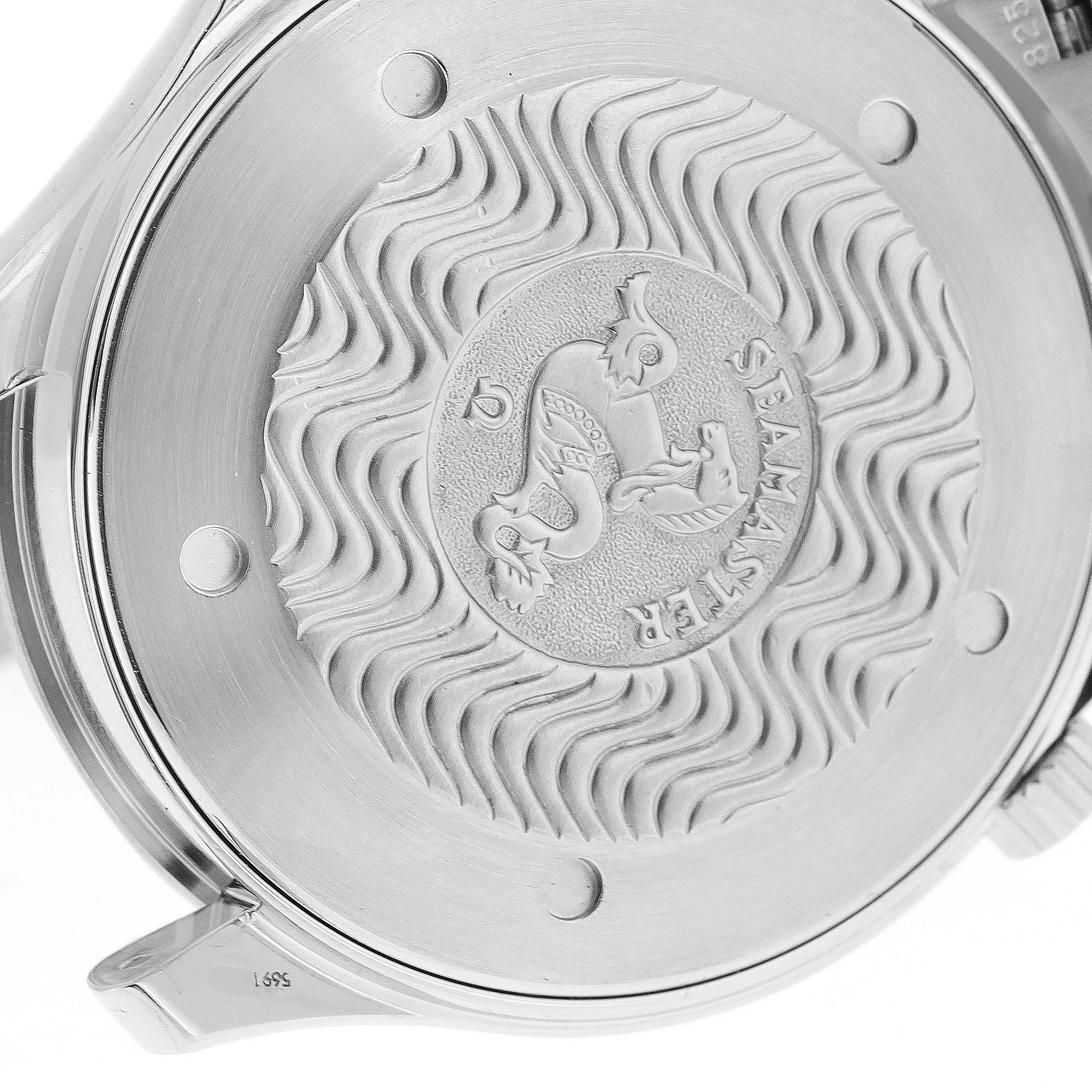 This is the case back of the Omega Seamaster 2541.80.00 Men
s Stainless Steel Blue Dial 2541.80.00 Men
s Stainless Steel Blue Dial watch, featuring an engraved design.