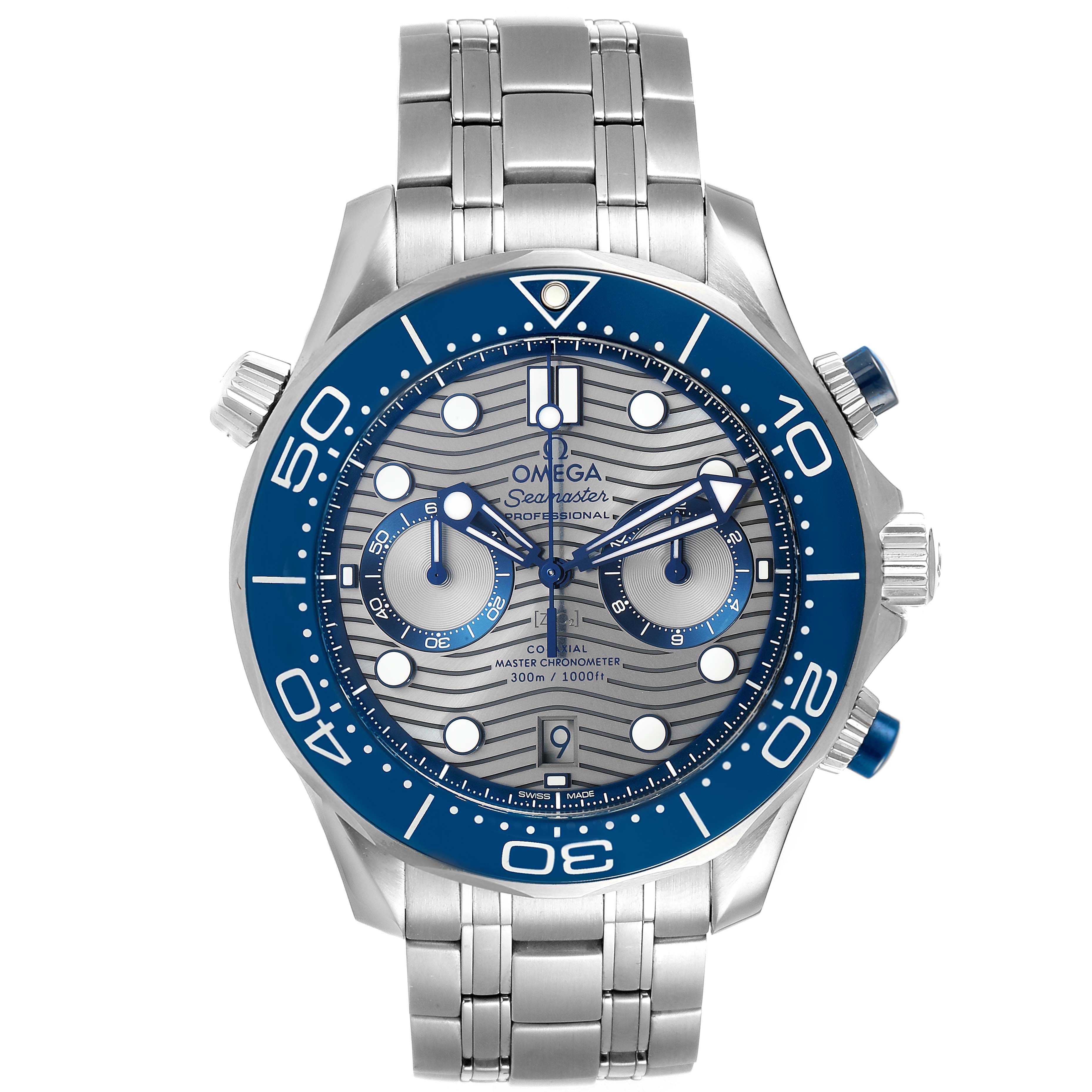 The image shows a front view of the Omega Seamaster 210.30.44.51.06.001 Men
s Stainless Steel Grey Dial 210.30.44.51.06.001 Men
s Stainless Steel Grey Dial watch, highlighting the face, bezel, crown, and bracelet.