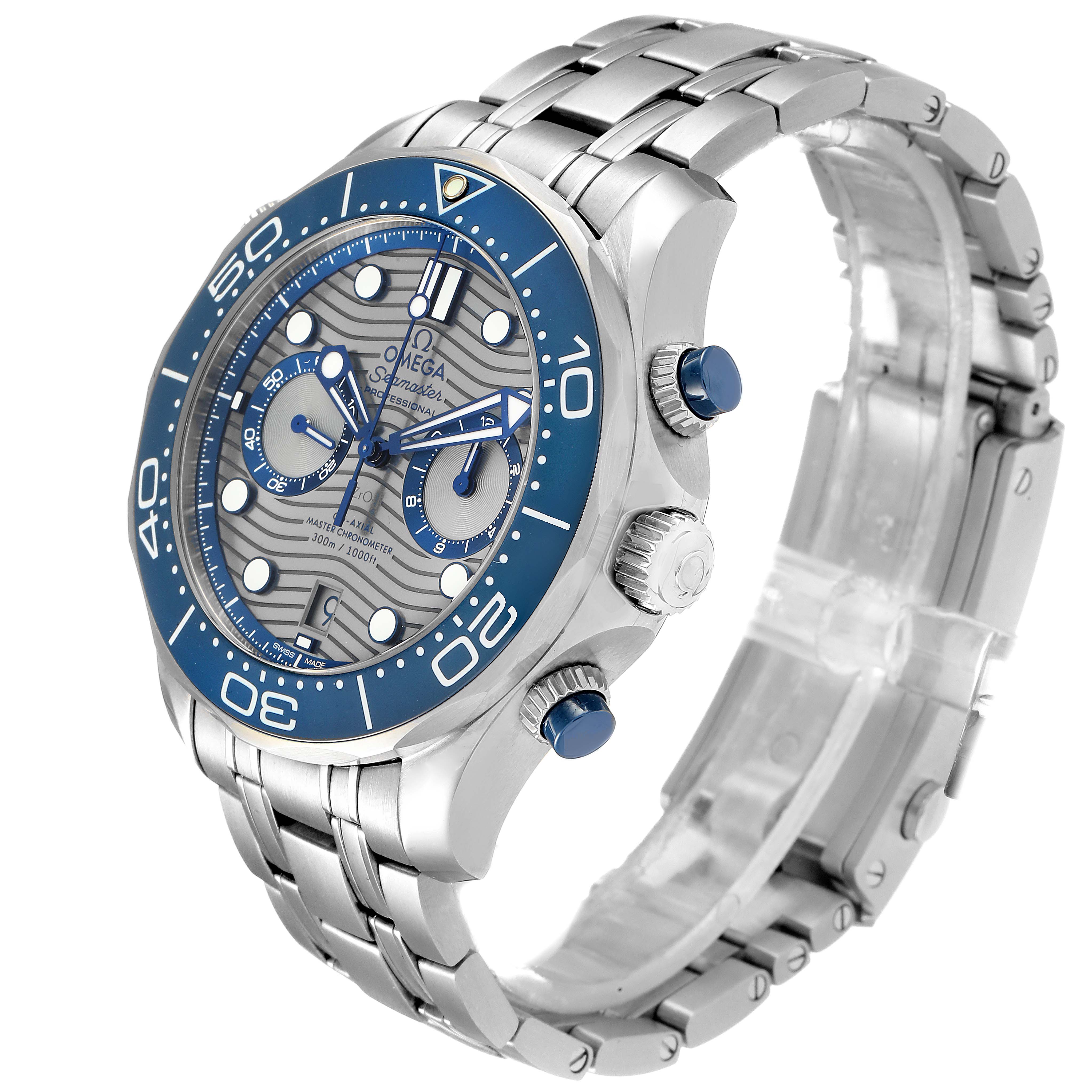 This Omega Seamaster 210.30.44.51.06.001 Men
s Stainless Steel Grey Dial 210.30.44.51.06.001 Men
s Stainless Steel Grey Dial watch is shown at a three-quarter angle, displaying the dial, bezel, buttons, and part of the bracelet.