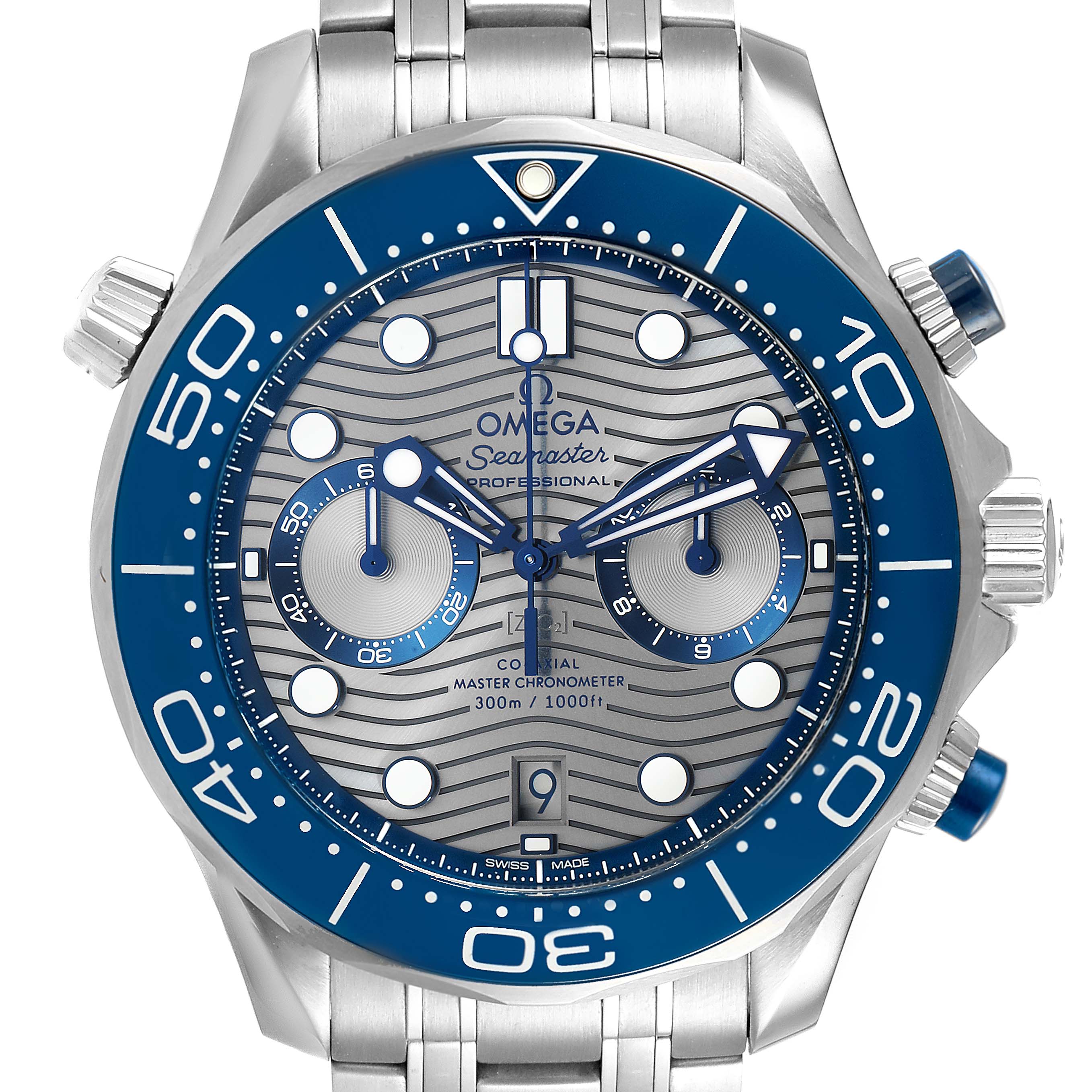 The image shows a front view of the Omega Seamaster 210.30.44.51.06.001 Men
s Stainless Steel Grey Dial 210.30.44.51.06.001 Men
s Stainless Steel Grey Dial watch, highlighting its dial, bezel, and bracelet.