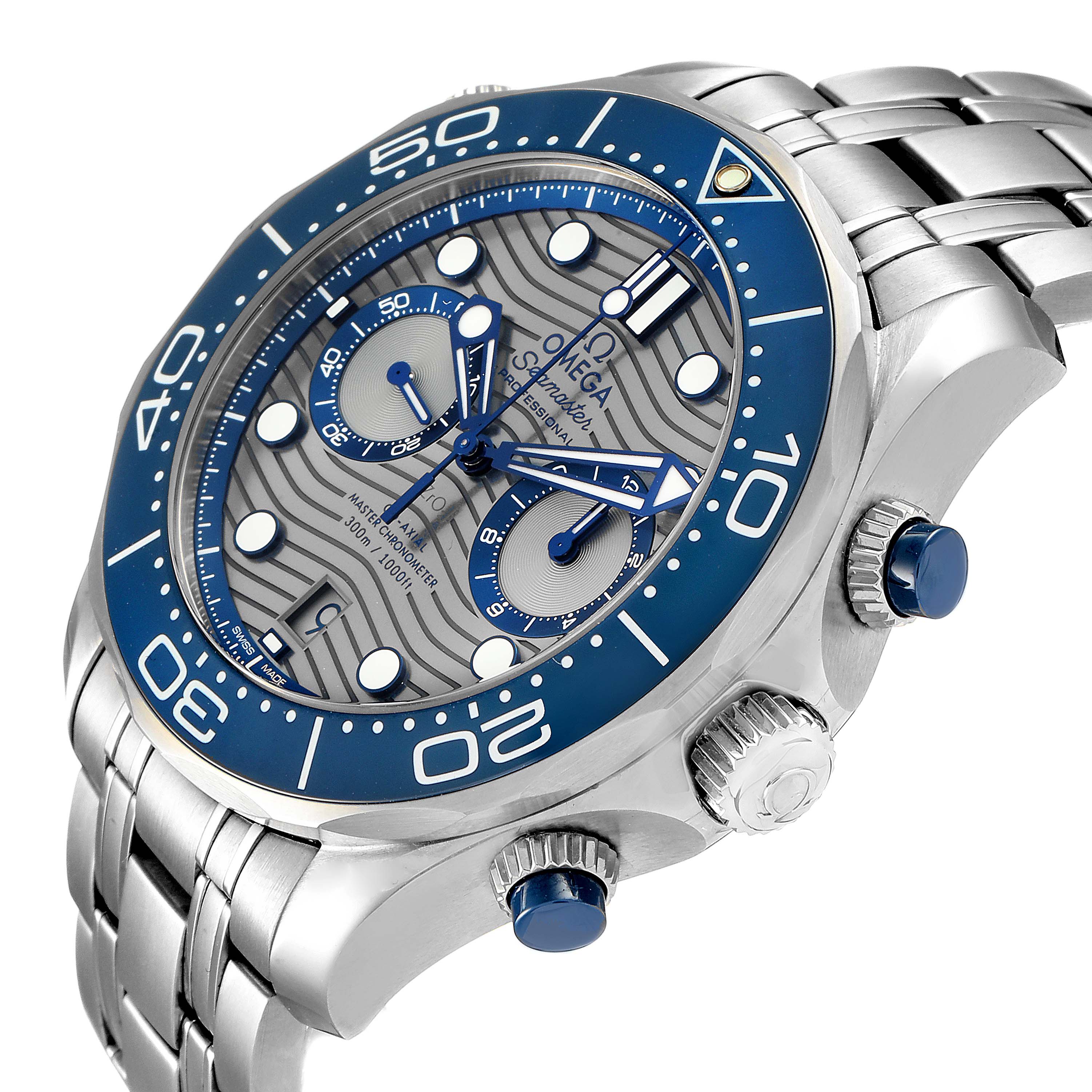 The image shows an angled view of an Omega Seamaster 210.30.44.51.06.001 Men
s Stainless Steel Grey Dial 210.30.44.51.06.001 Men
s Stainless Steel Grey Dial watch, highlighting its face, bezel, and metal bracelet.