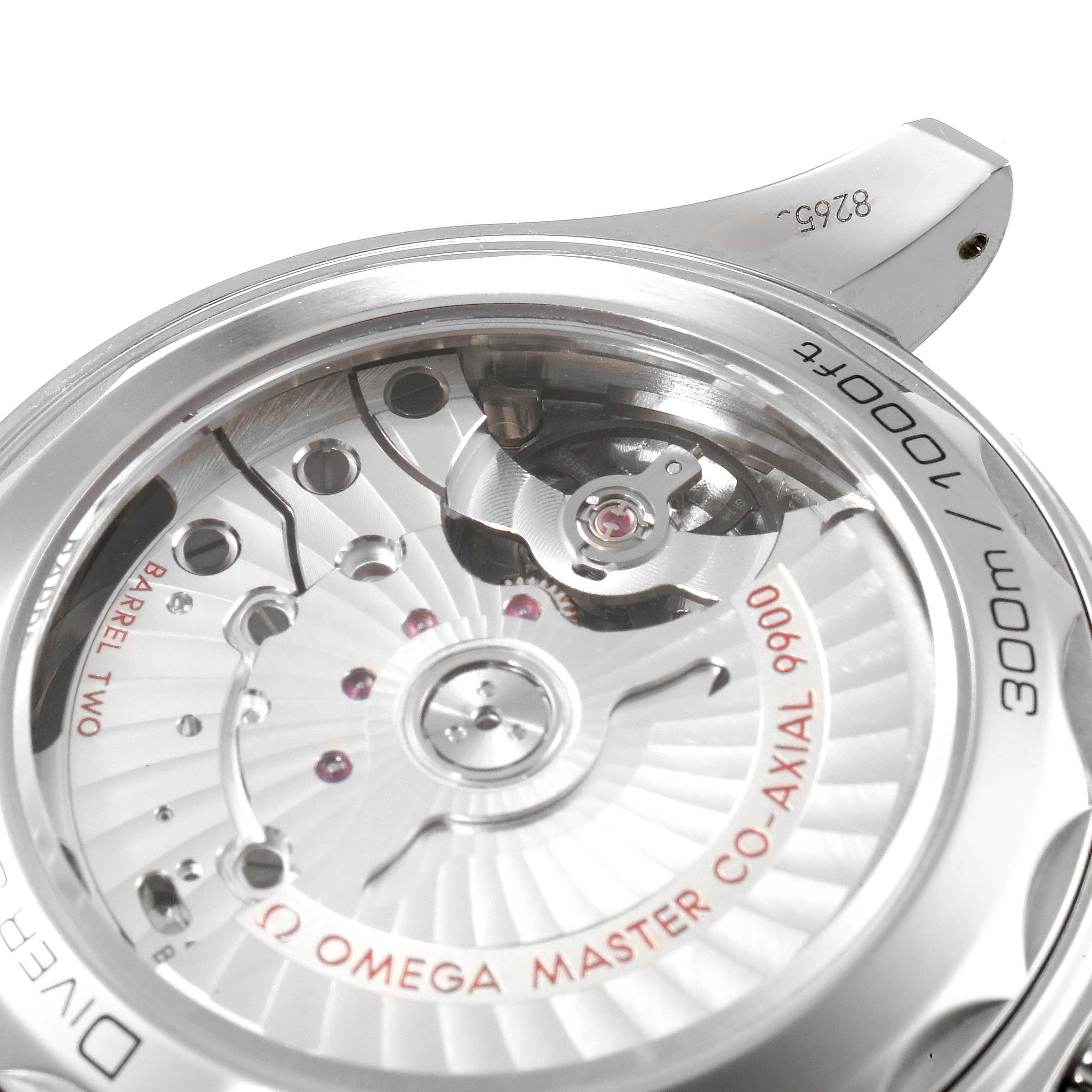 The image shows the back view of an Omega Seamaster 210.30.44.51.06.001 Men
s Stainless Steel Grey Dial 210.30.44.51.06.001 Men
s Stainless Steel Grey Dial watch, highlighting its open case back and visible movement components.