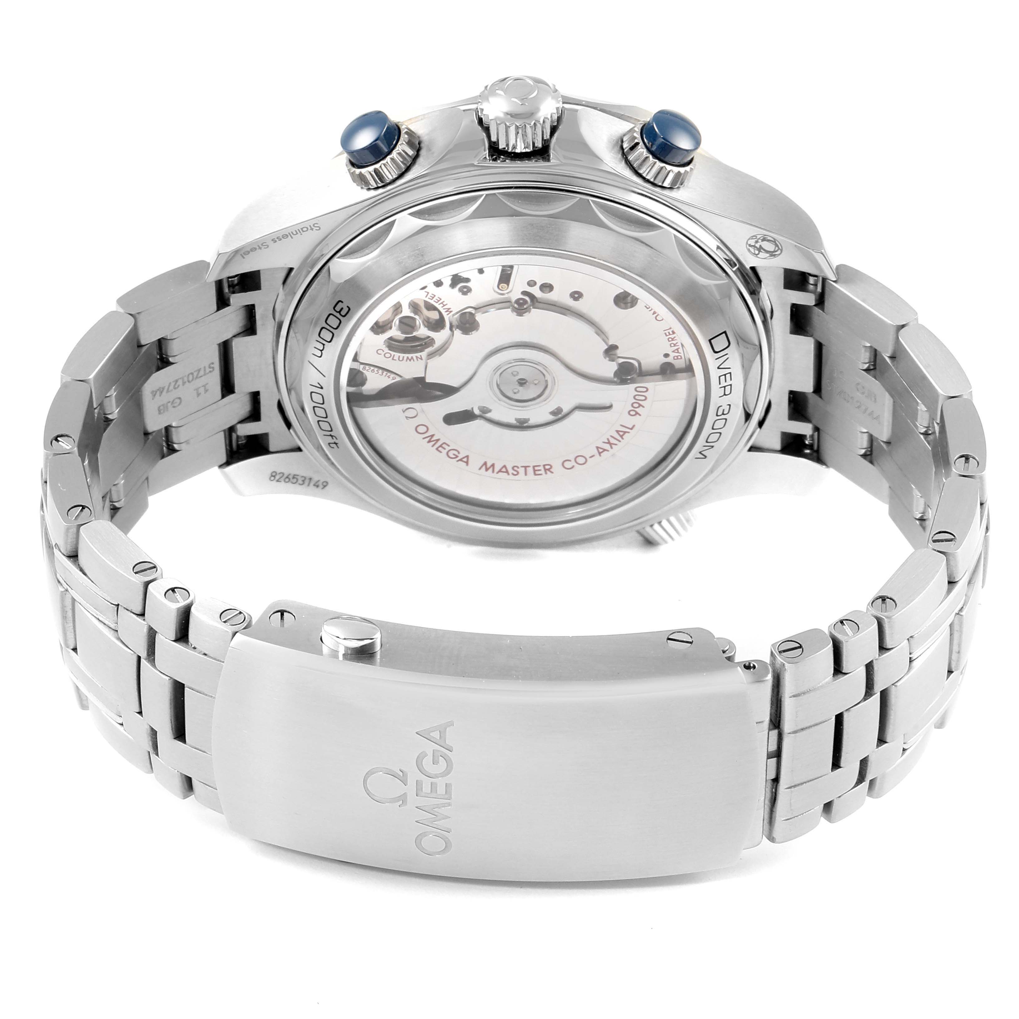 The Omega Seamaster 210.30.44.51.06.001 Men
s Stainless Steel Grey Dial 210.30.44.51.06.001 Men
s Stainless Steel Grey Dial watch is shown from the back, highlighting the case, movement, bracelet, and clasp.