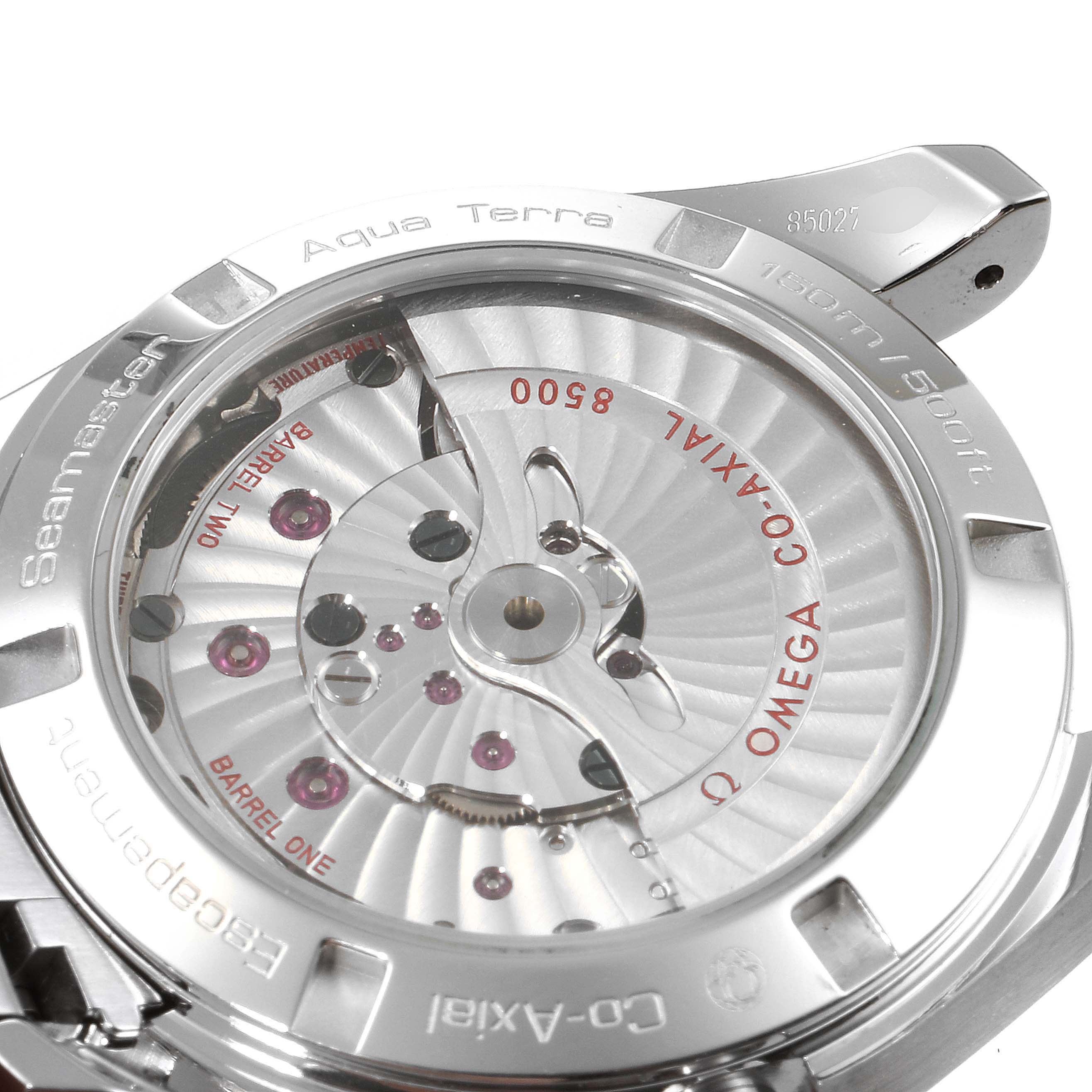 This image shows the back case and intricate mechanism of the Omega Aqua Terra 231.10.39.21.54.001 Men
s Stainless Steel White Dial 231.10.39.21.54.001 Men
s Stainless Steel White Dial model watch.