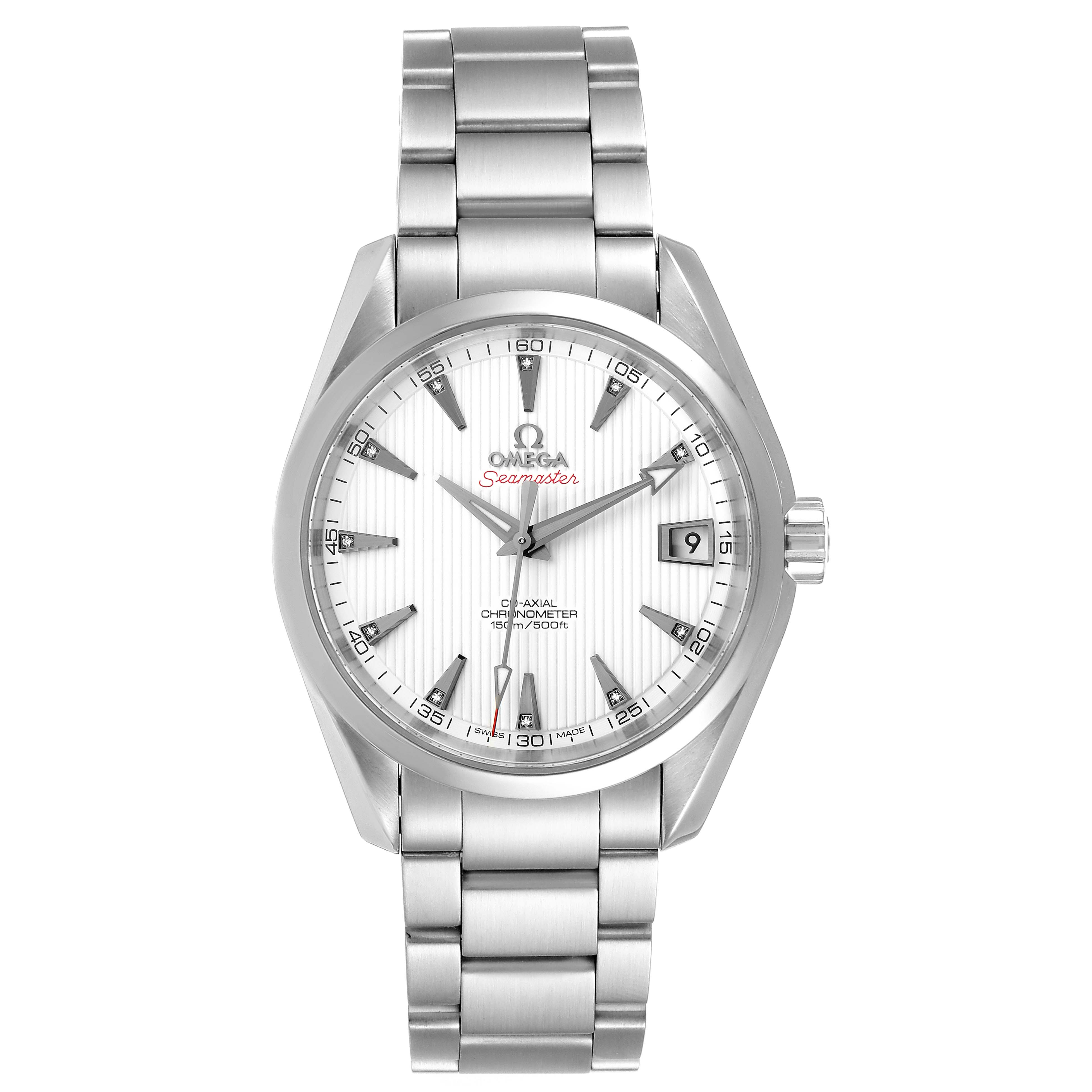 The image shows a front view of the Omega Aqua Terra 231.10.39.21.54.001 Men
s Stainless Steel White Dial 231.10.39.21.54.001 Men
s Stainless Steel White Dial watch, displaying its dial, case, and bracelet.