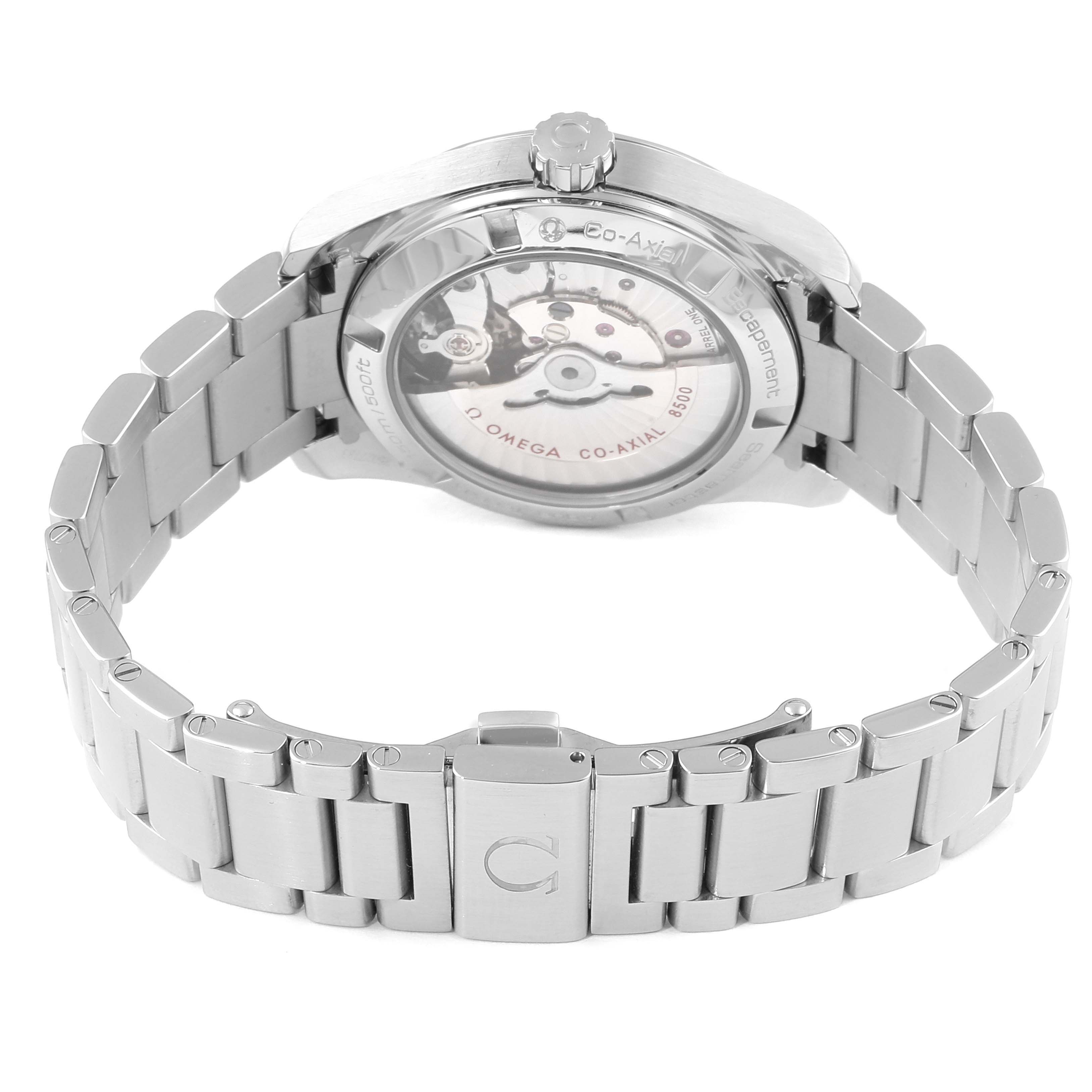 The image shows the back view of the Omega Aqua Terra 231.10.39.21.54.001 Men
s Stainless Steel White Dial 231.10.39.21.54.001 Men
s Stainless Steel White Dial watch, displaying its metal bracelet and exposed movement.