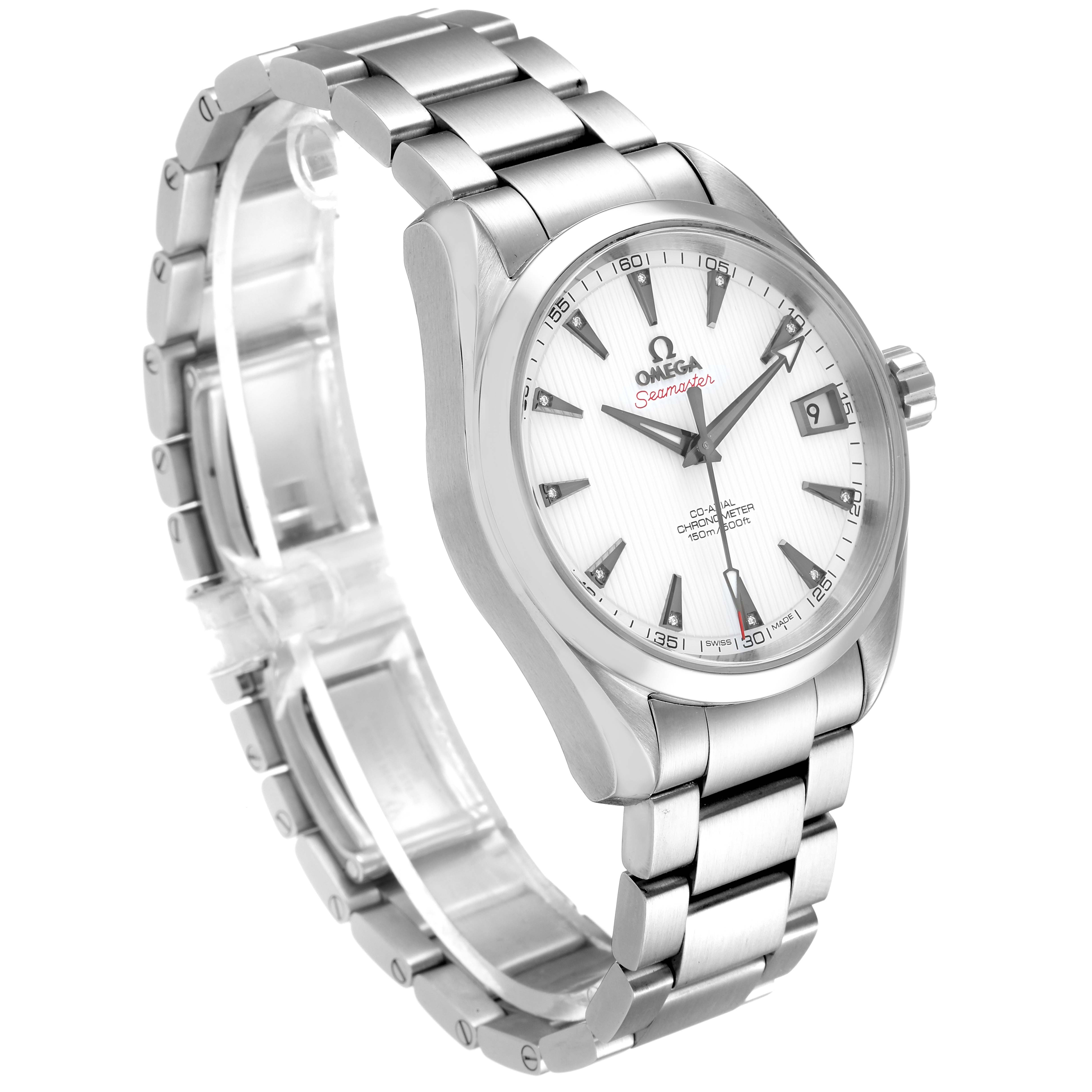 The image shows an angled view of the Omega Aqua Terra 231.10.39.21.54.001 Men
s Stainless Steel White Dial 231.10.39.21.54.001 Men
s Stainless Steel White Dial watch, displaying the face, bezel, crown, and metal bracelet.