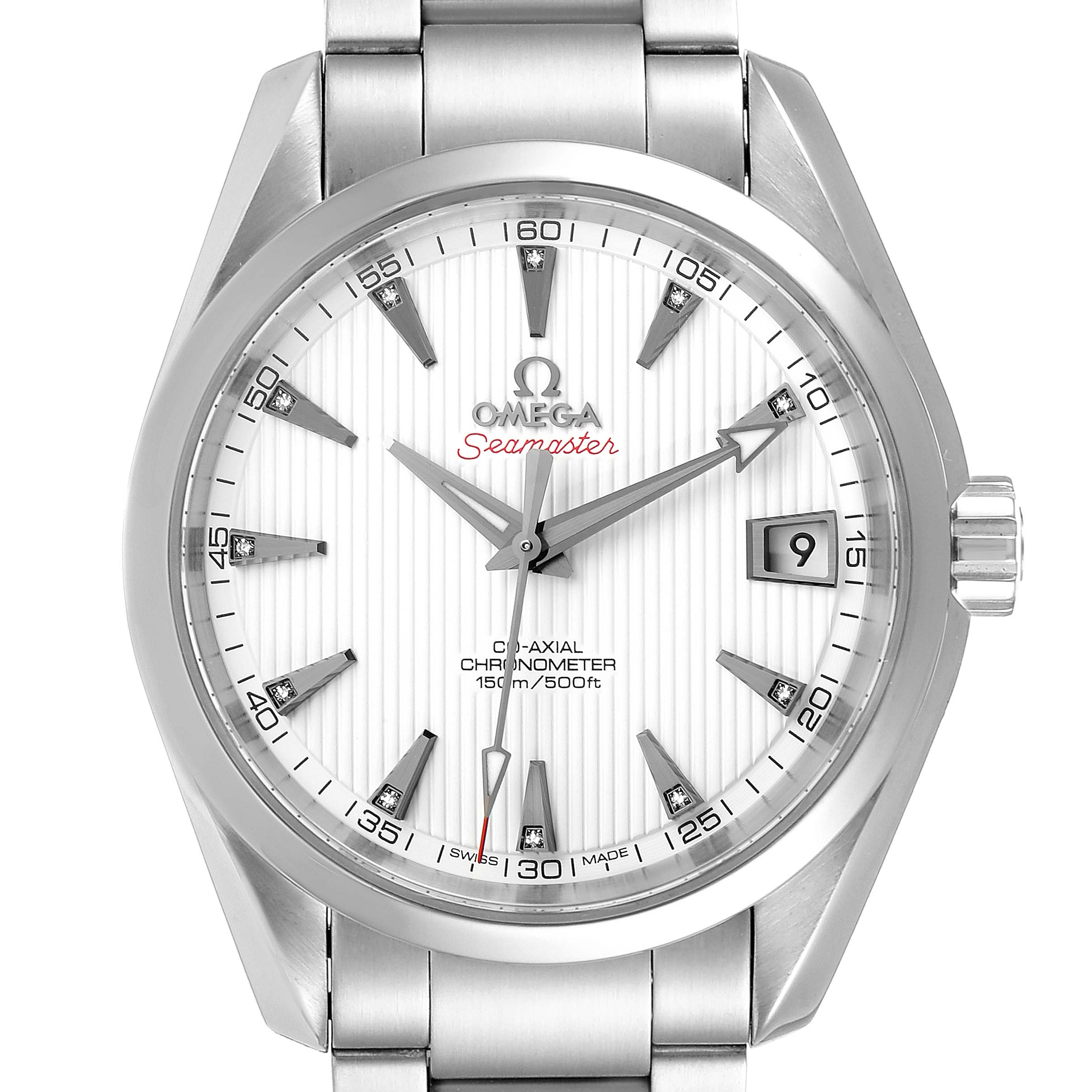 The image shows a front view of the Omega Aqua Terra 231.10.39.21.54.001 Men
s Stainless Steel White Dial 231.10.39.21.54.001 Men
s Stainless Steel White Dial Seamaster watch, displaying the dial, hands, date window, and part of the bracelet.