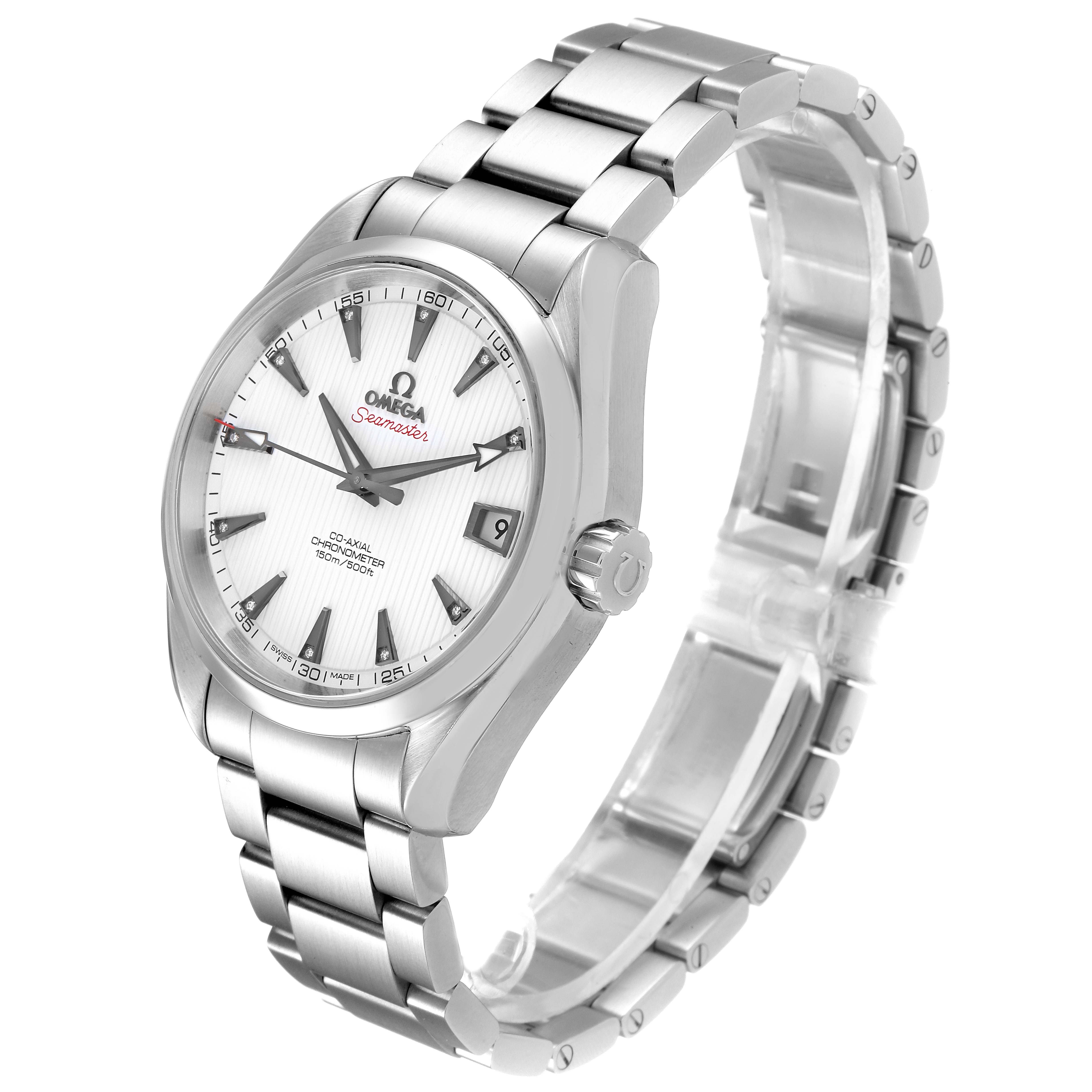 The image shows an Omega Aqua Terra 231.10.39.21.54.001 Men
s Stainless Steel White Dial 231.10.39.21.54.001 Men
s Stainless Steel White Dial watch at a three-quarter angle, highlighting its face, bracelet, and crown.