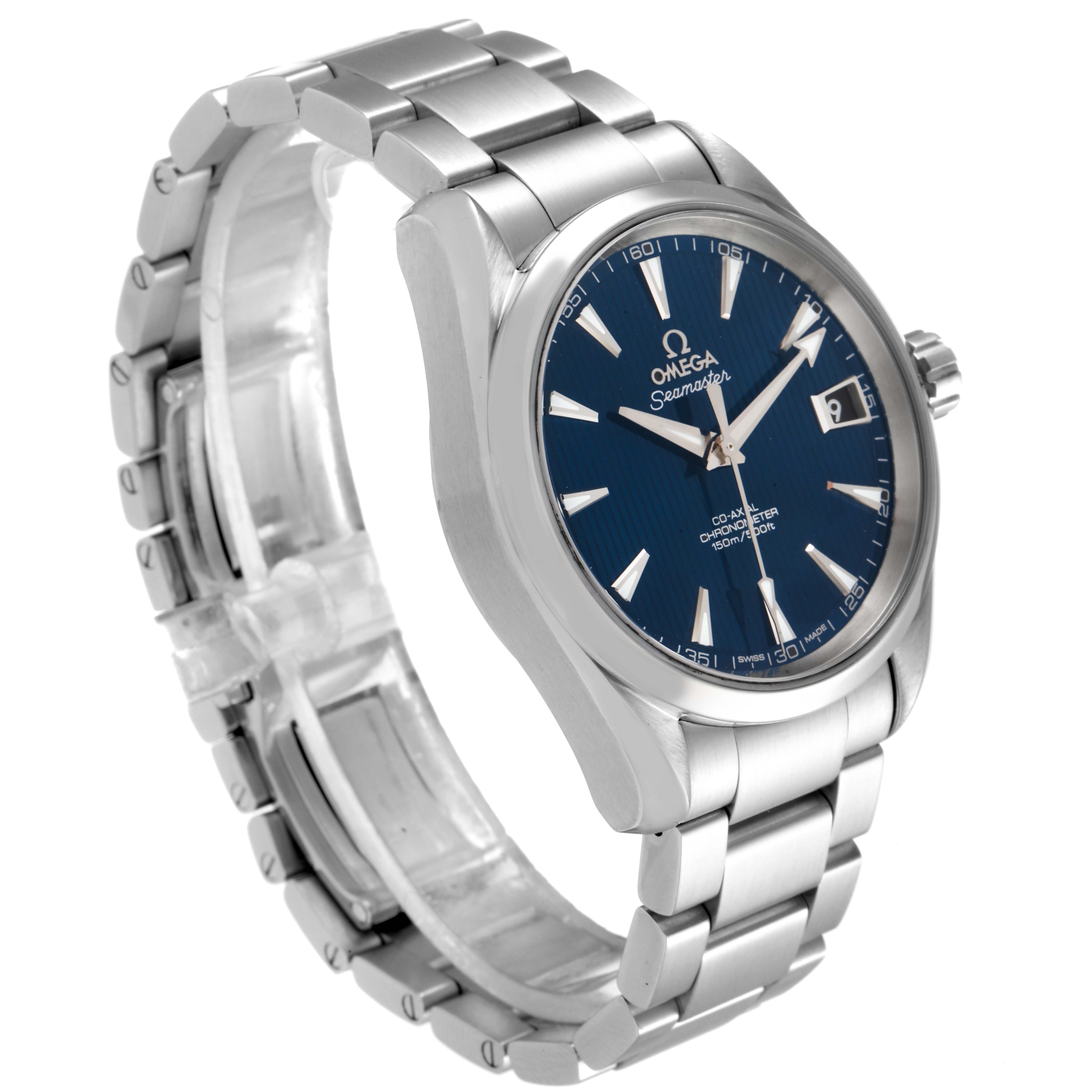The Aqua Terra model by Omega is shown from a 3/4 angle displaying the bracelet, crown, and face with a blue dial.