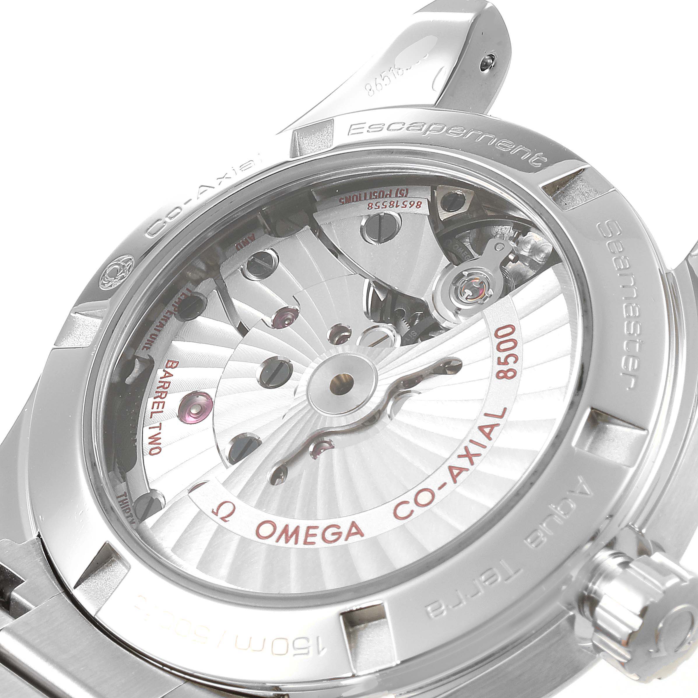 This image shows the back case of the Omega Aqua Terra 231.10.39.21.03.001 Men
s Stainless Steel Blue Dial 231.10.39.21.03.001 Men
s Stainless Steel Blue Dial watch, highlighting the Co-Axial 8500 movement and the transparent case back.