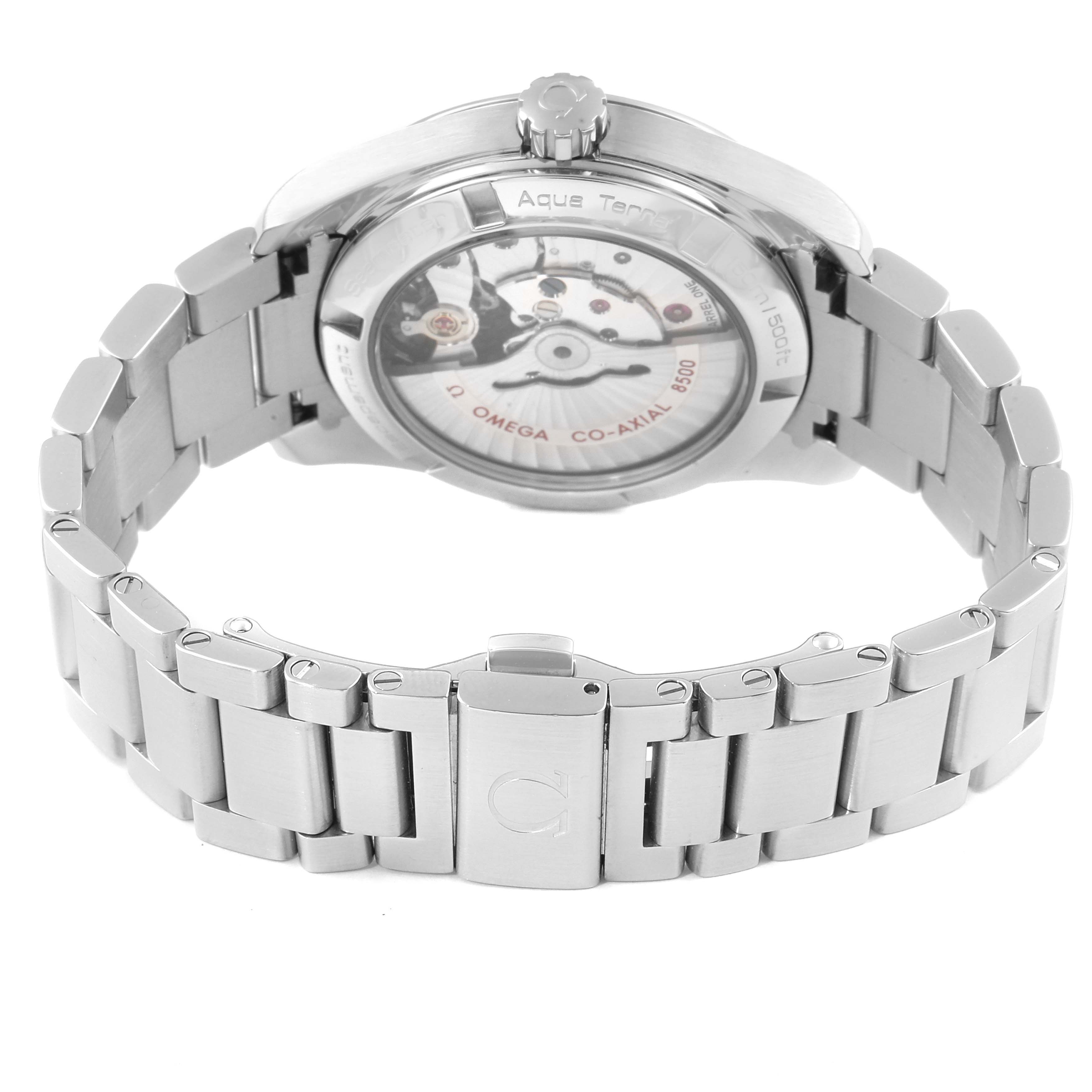 The image shows the back view of an Omega Aqua Terra 231.10.39.21.03.001 Men
s Stainless Steel Blue Dial 231.10.39.21.03.001 Men
s Stainless Steel Blue Dial watch, highlighting the exhibition caseback and stainless steel bracelet.